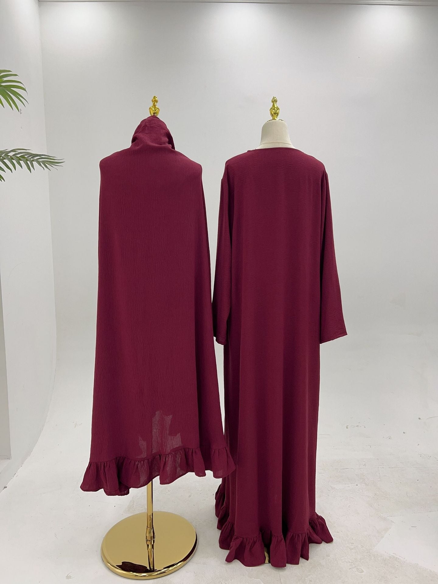 LM315 Robe de Prière Mousseline Froissée avec Grand Ensemble Hijab - Abaya Couleur Unie pour Femmes Musulmanes