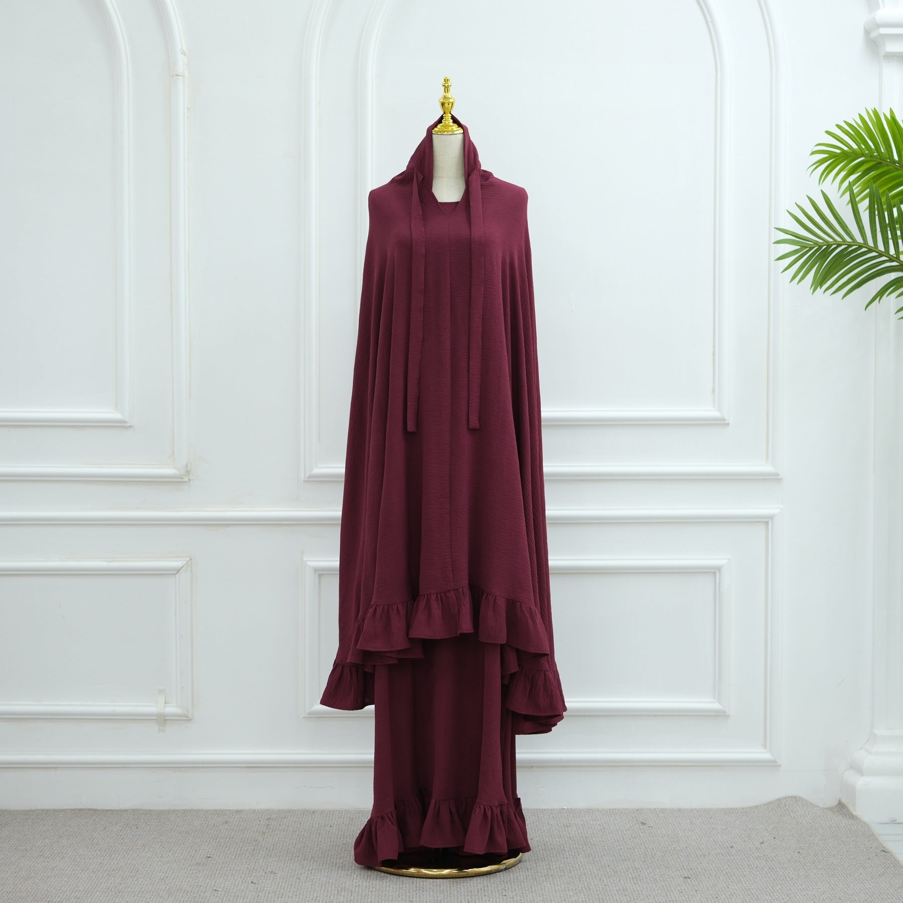 LM315 Robe de Prière Mousseline Froissée avec Grand Ensemble Hijab - Abaya Couleur Unie pour Femmes Musulmanes