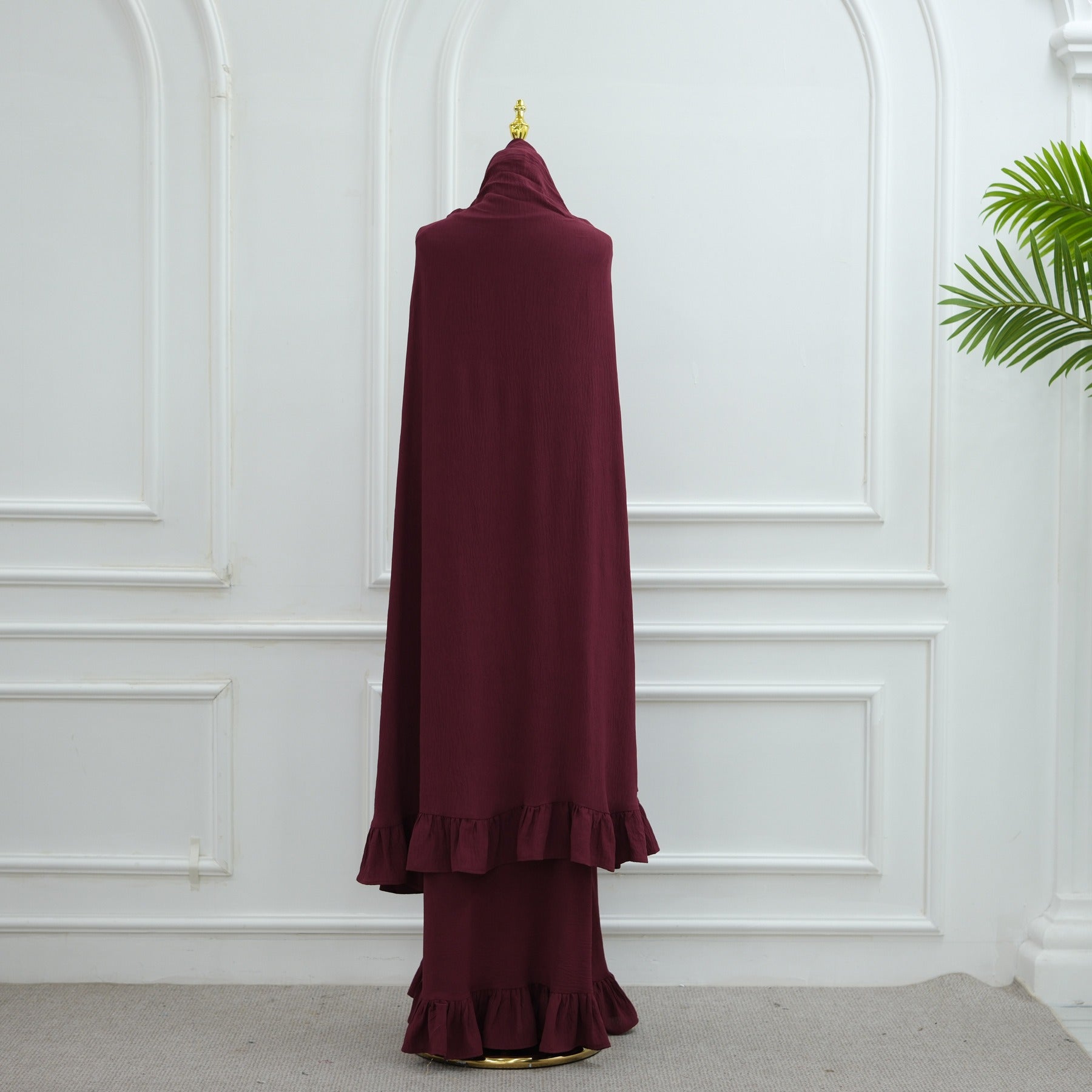 LM315 Robe de Prière Mousseline Froissée avec Grand Ensemble Hijab - Abaya Couleur Unie pour Femmes Musulmanes