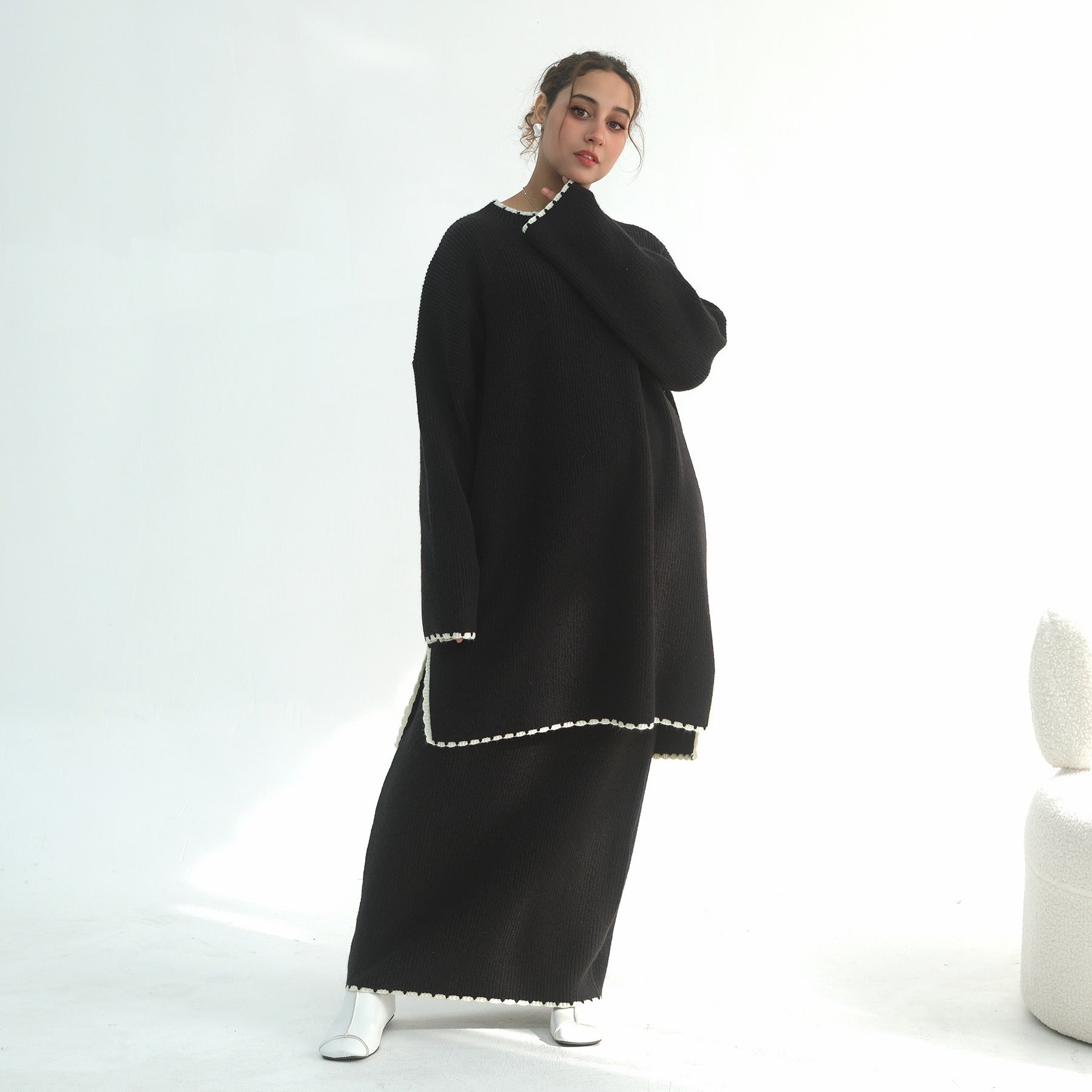 LM325 Ensemble 2 Pièces Tricot Épais Hiver - Mode Modeste Chaude pour Femmes Musulmanes