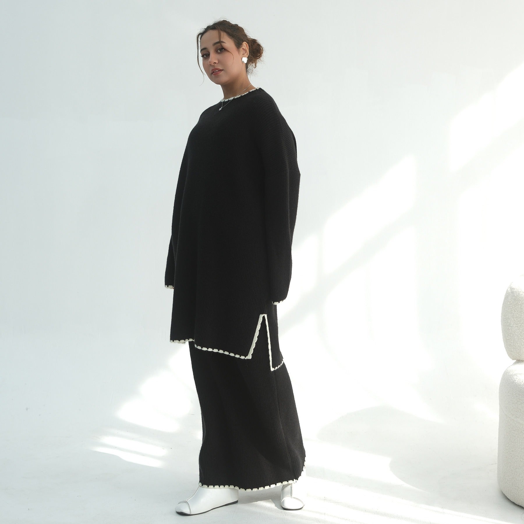 LM325 Ensemble 2 Pièces Tricot Épais Hiver - Mode Modeste Chaude pour Femmes Musulmanes