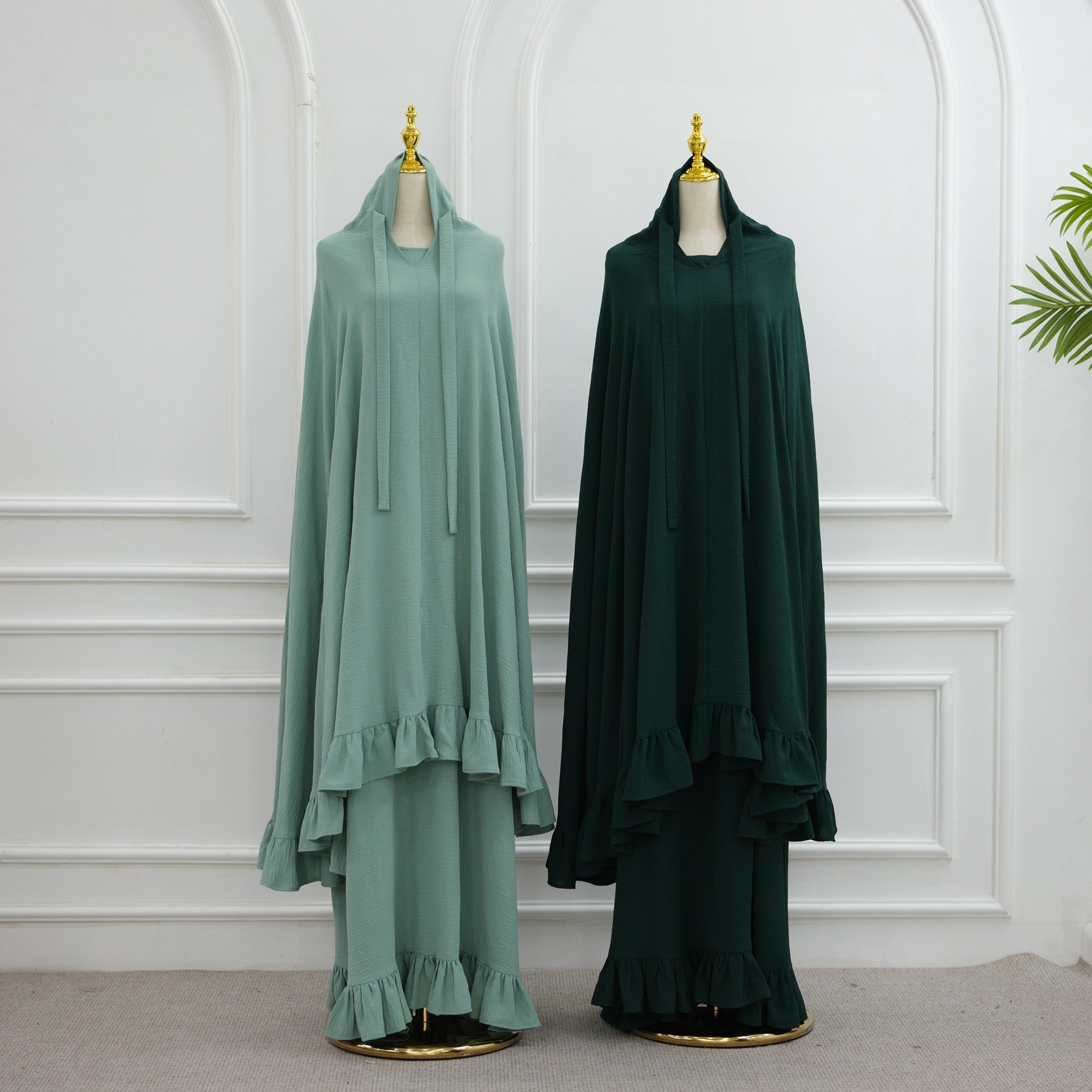 LM315 Robe de Prière Mousseline Froissée avec Grand Ensemble Hijab - Abaya Couleur Unie pour Femmes Musulmanes
