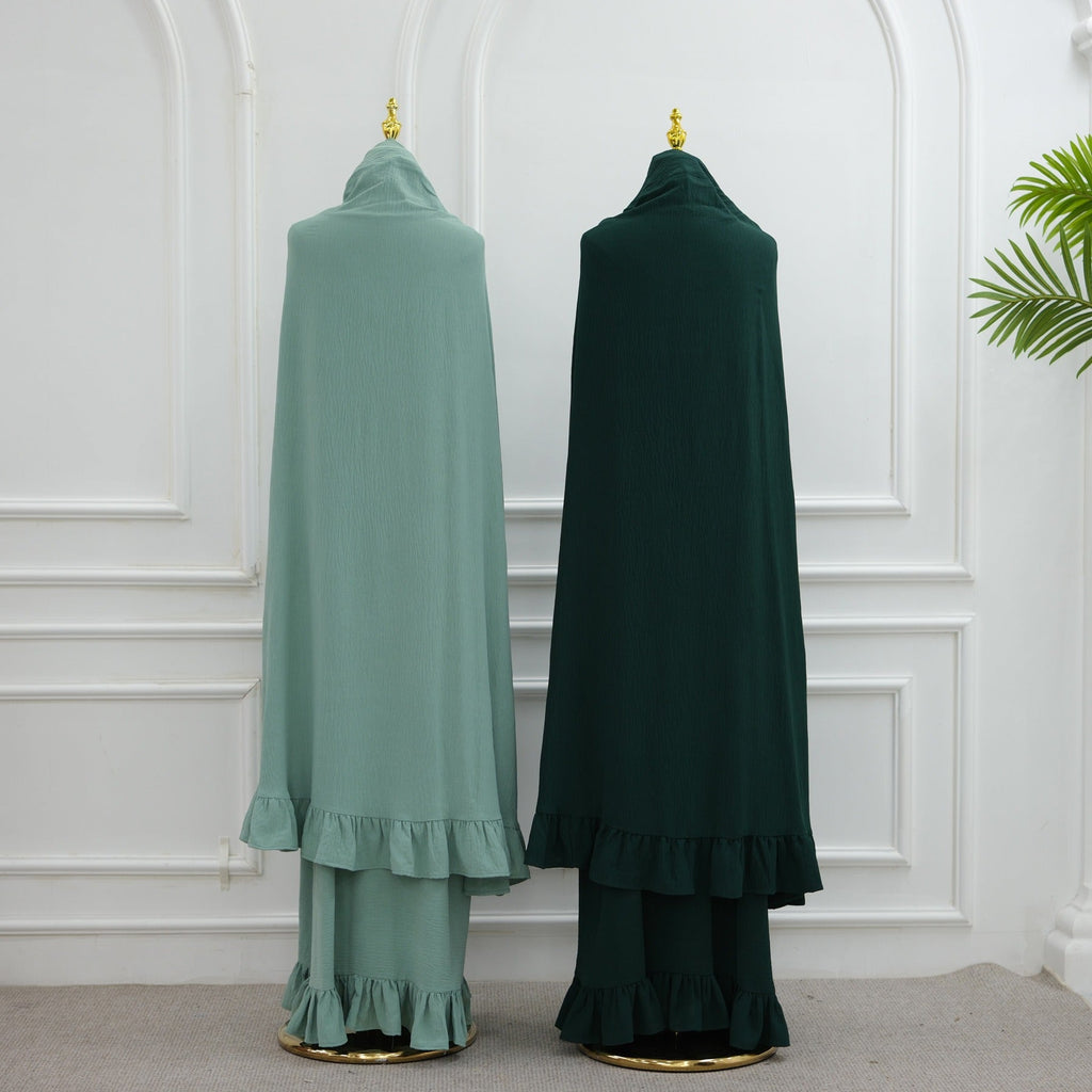 LM315 Robe de Prière Mousseline Froissée avec Grand Ensemble Hijab - Abaya Couleur Unie pour Femmes Musulmanes