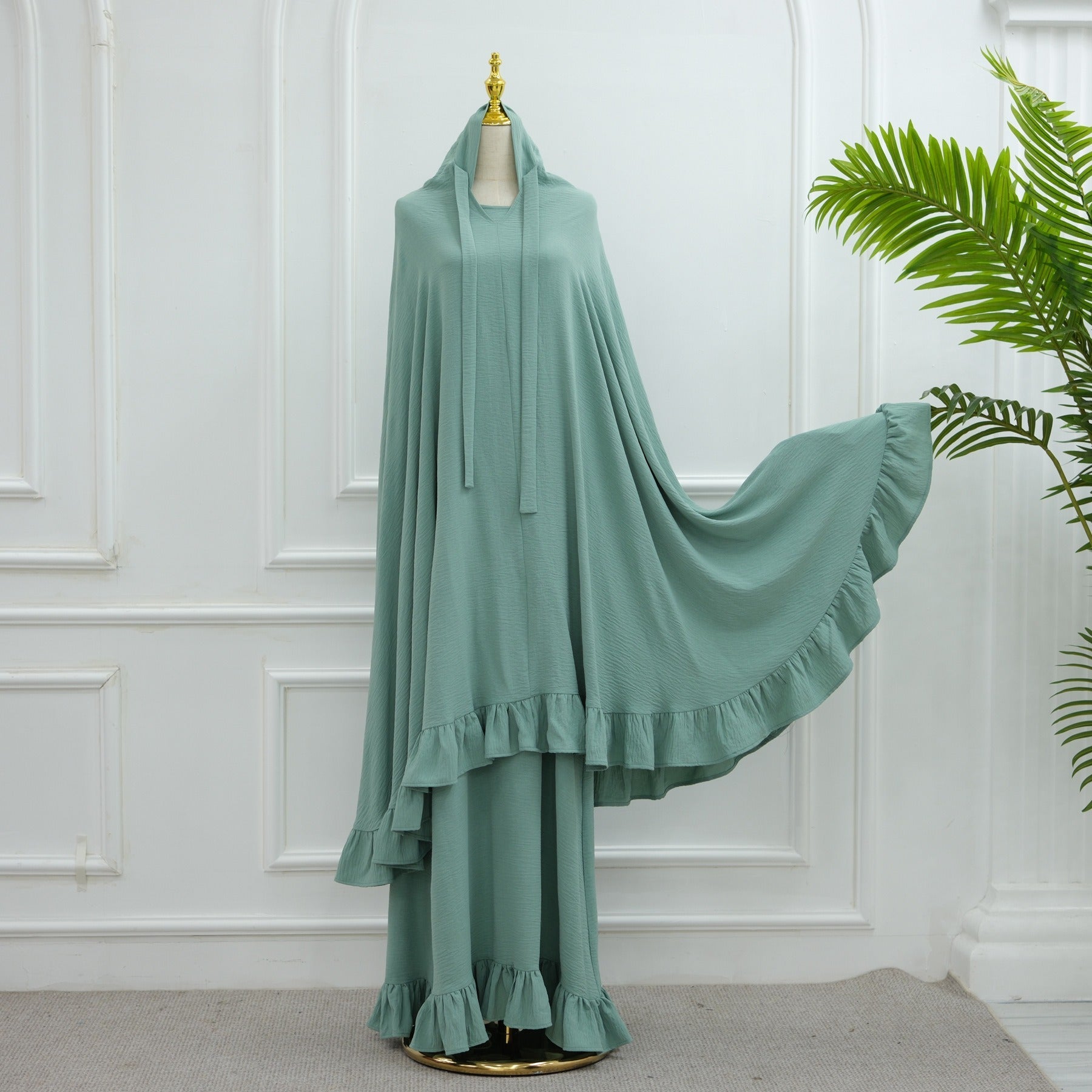 LM315 Robe de Prière Mousseline Froissée avec Grand Ensemble Hijab - Abaya Couleur Unie pour Femmes Musulmanes