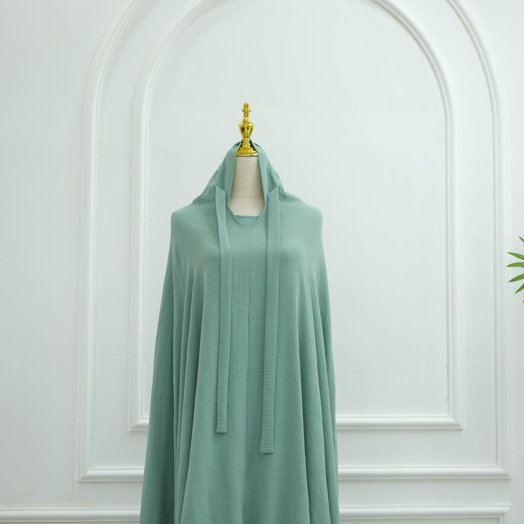 LM315 Robe de Prière Mousseline Froissée avec Grand Ensemble Hijab - Abaya Couleur Unie pour Femmes Musulmanes
