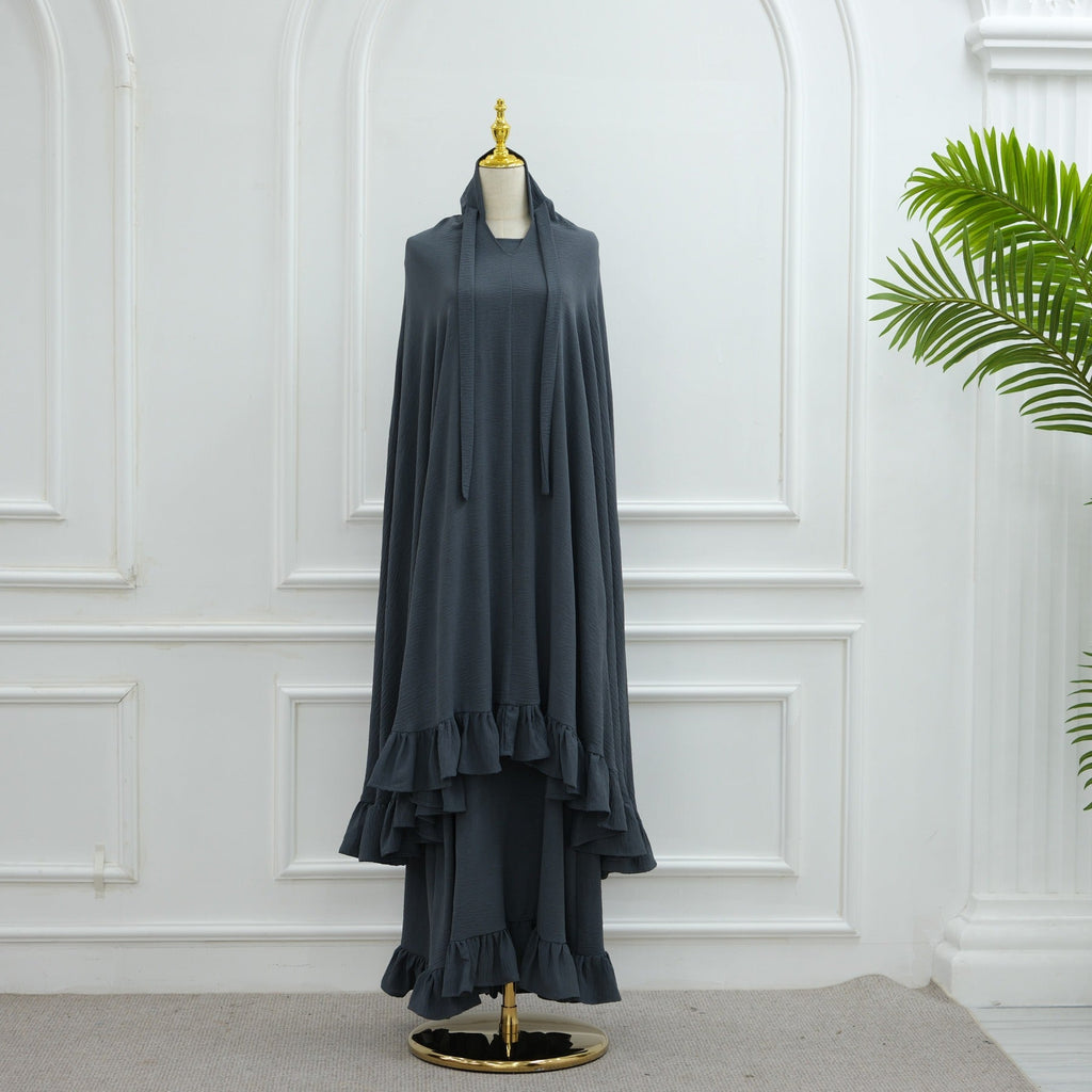 LM315 Robe de Prière Mousseline Froissée avec Grand Ensemble Hijab - Abaya Couleur Unie pour Femmes Musulmanes