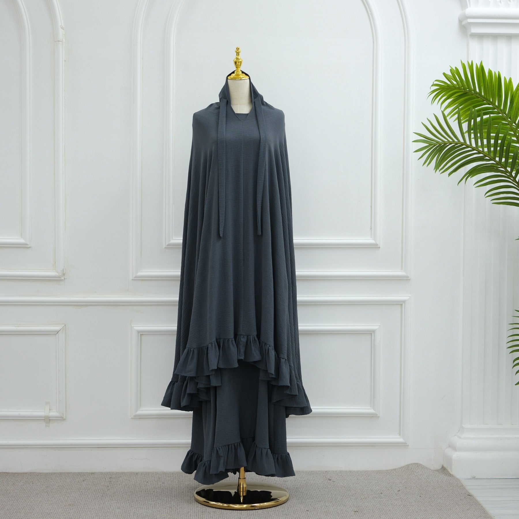 LM315 Robe de Prière Mousseline Froissée avec Grand Ensemble Hijab - Abaya Couleur Unie pour Femmes Musulmanes