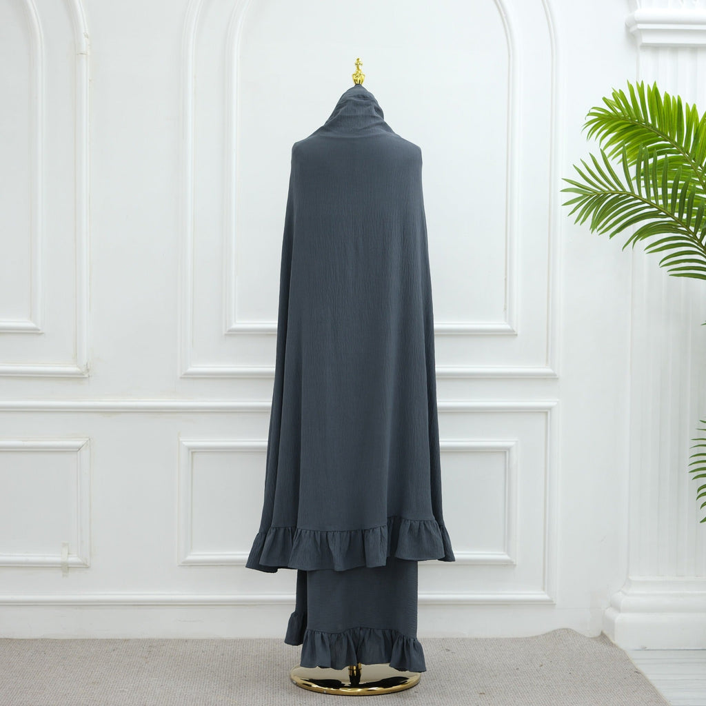 LM315 Robe de Prière Mousseline Froissée avec Grand Ensemble Hijab - Abaya Couleur Unie pour Femmes Musulmanes