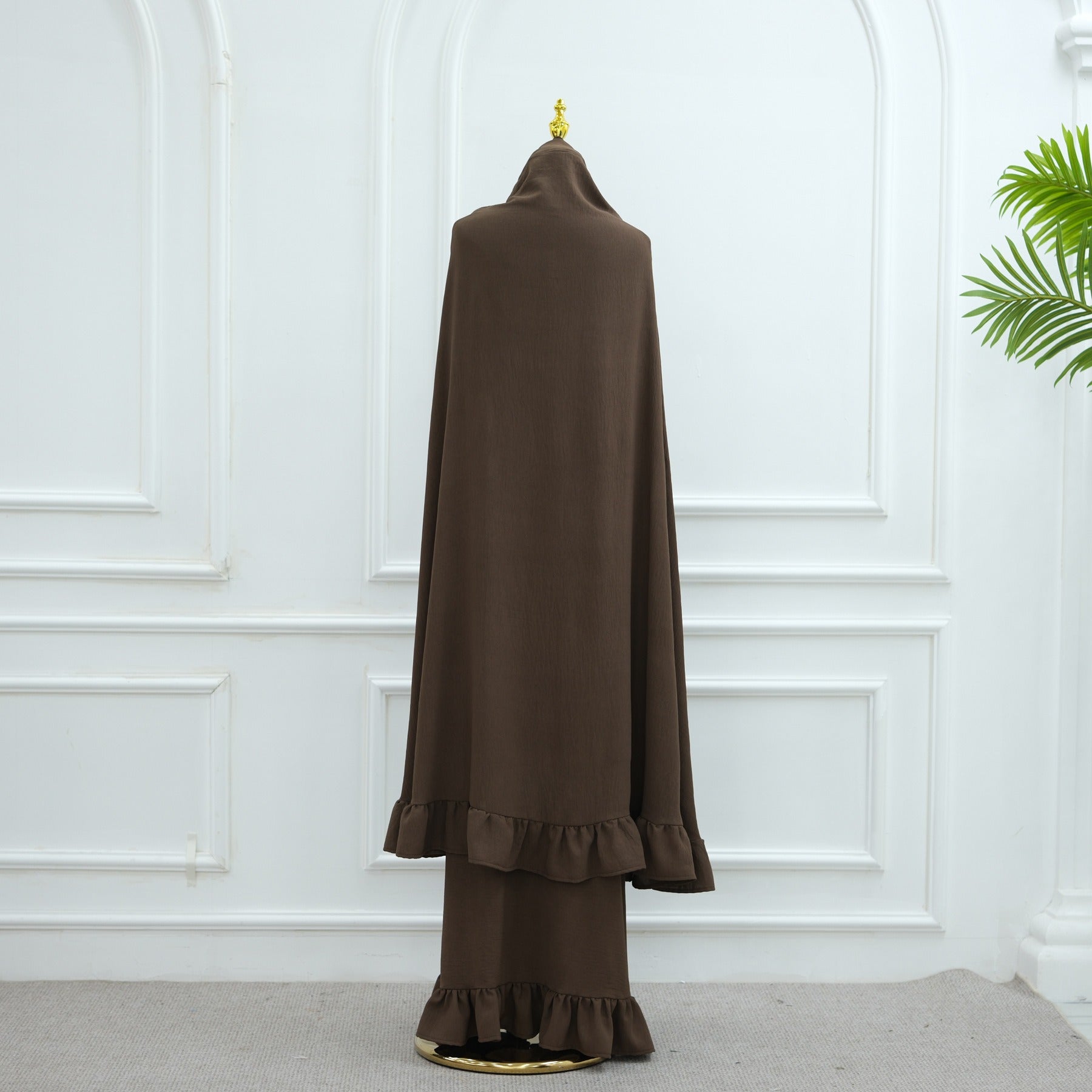 LM315 Robe de Prière Mousseline Froissée avec Grand Ensemble Hijab - Abaya Couleur Unie pour Femmes Musulmanes