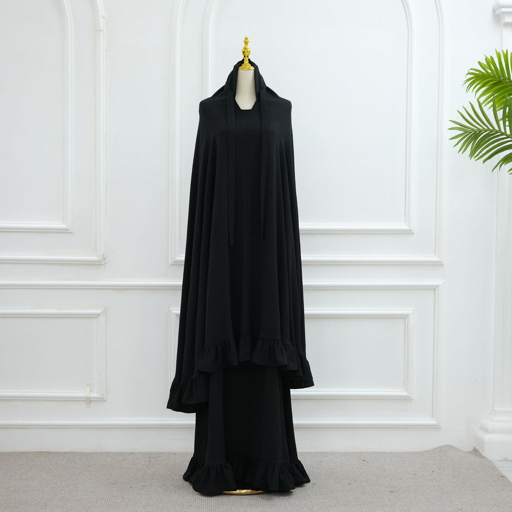 LM315 Robe de Prière Mousseline Froissée avec Grand Ensemble Hijab - Abaya Couleur Unie pour Femmes Musulmanes