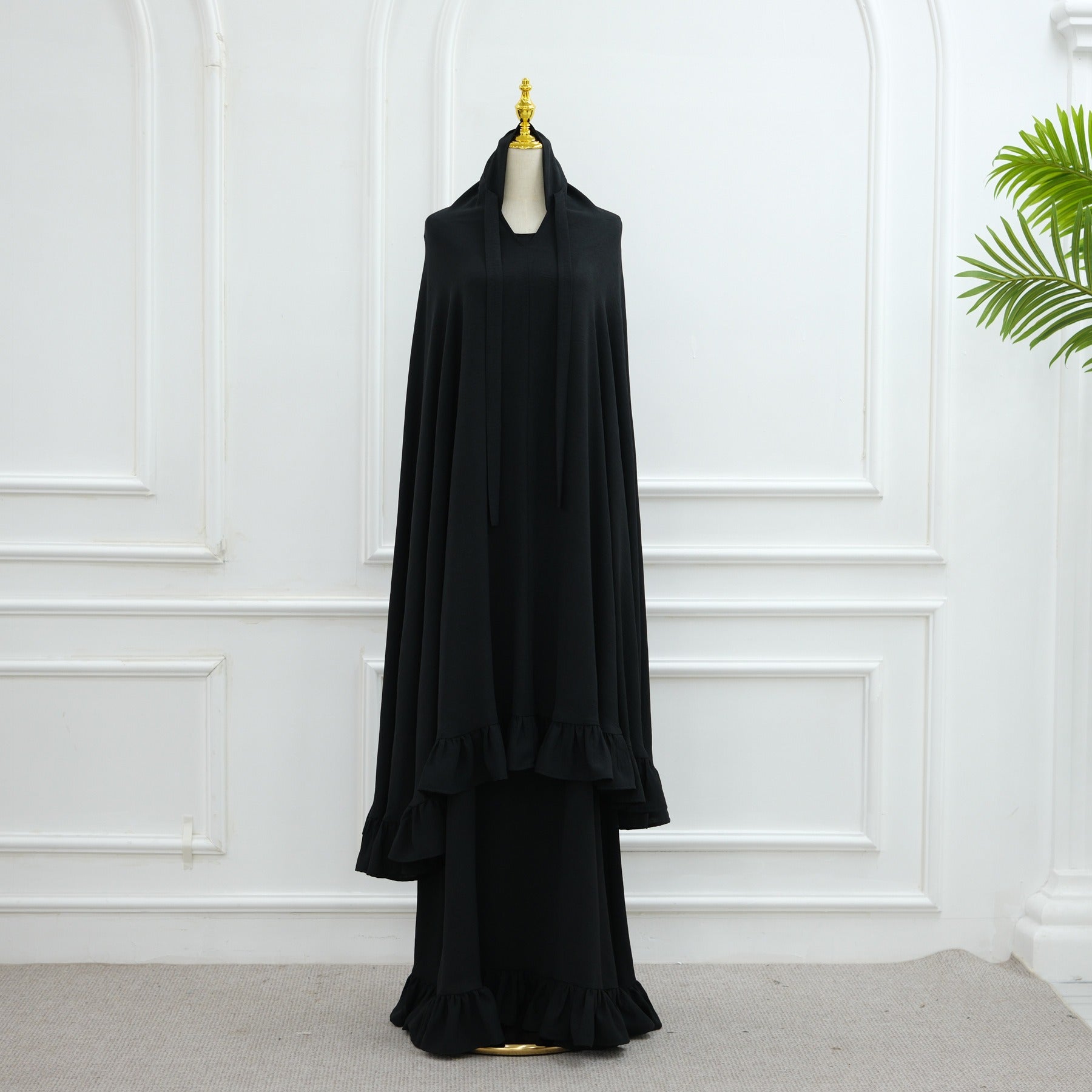LM315 Robe de Prière Mousseline Froissée avec Grand Ensemble Hijab - Abaya Couleur Unie pour Femmes Musulmanes