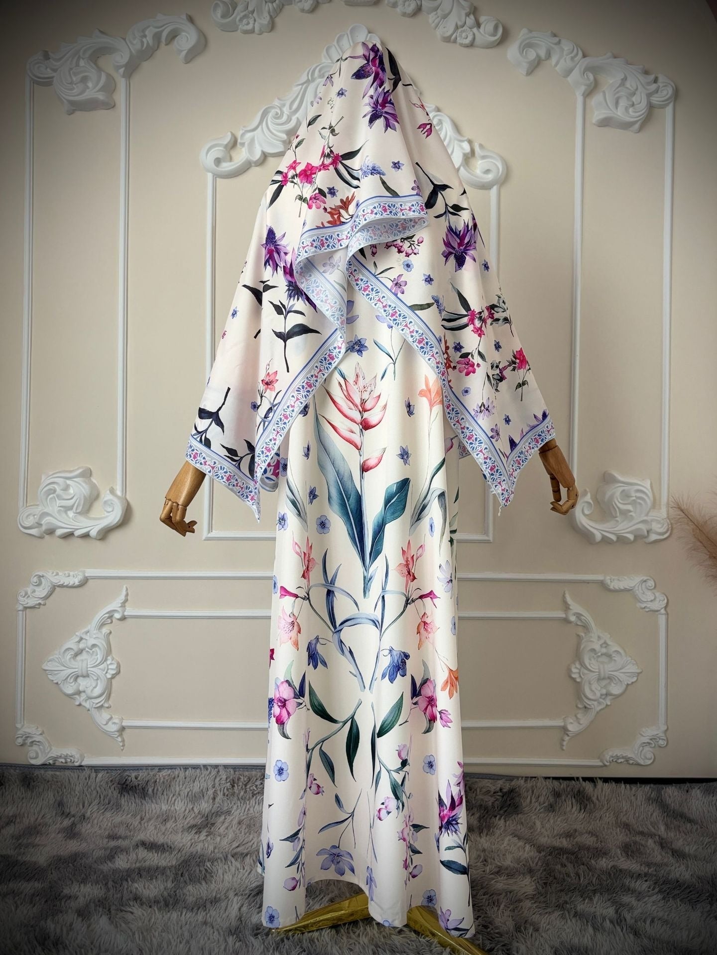 LM326 Cardigan Abaya Imprimé avec Hijab - Mode Islamique Modeste Femmes Musulmanes