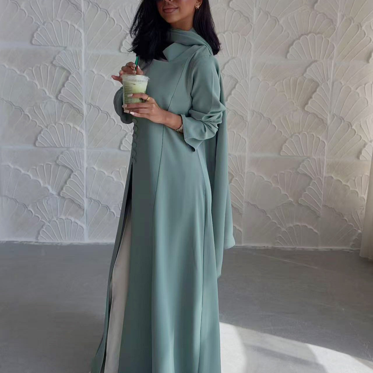 LM312 Cardigan Col Blazer Modeste avec Ensemble Hijab - Abaya 2 Pièces Boutonnée Devant pour Femmes Musulmanes