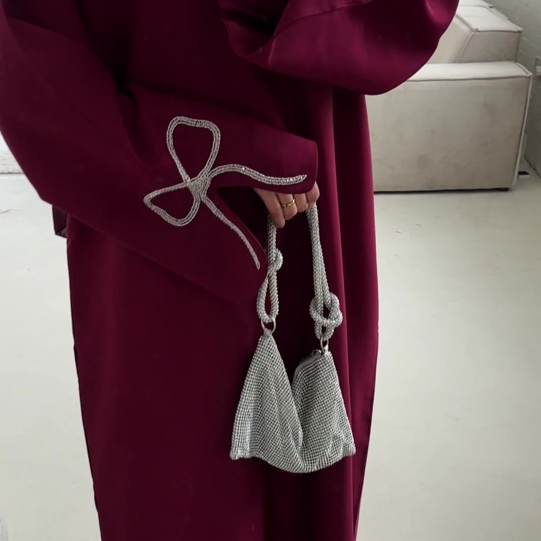 LM311 Robe Abaya Luxueuse Manches Nœud Strass - Élégante Robe Maxi Perlée pour Femmes Musulmanes