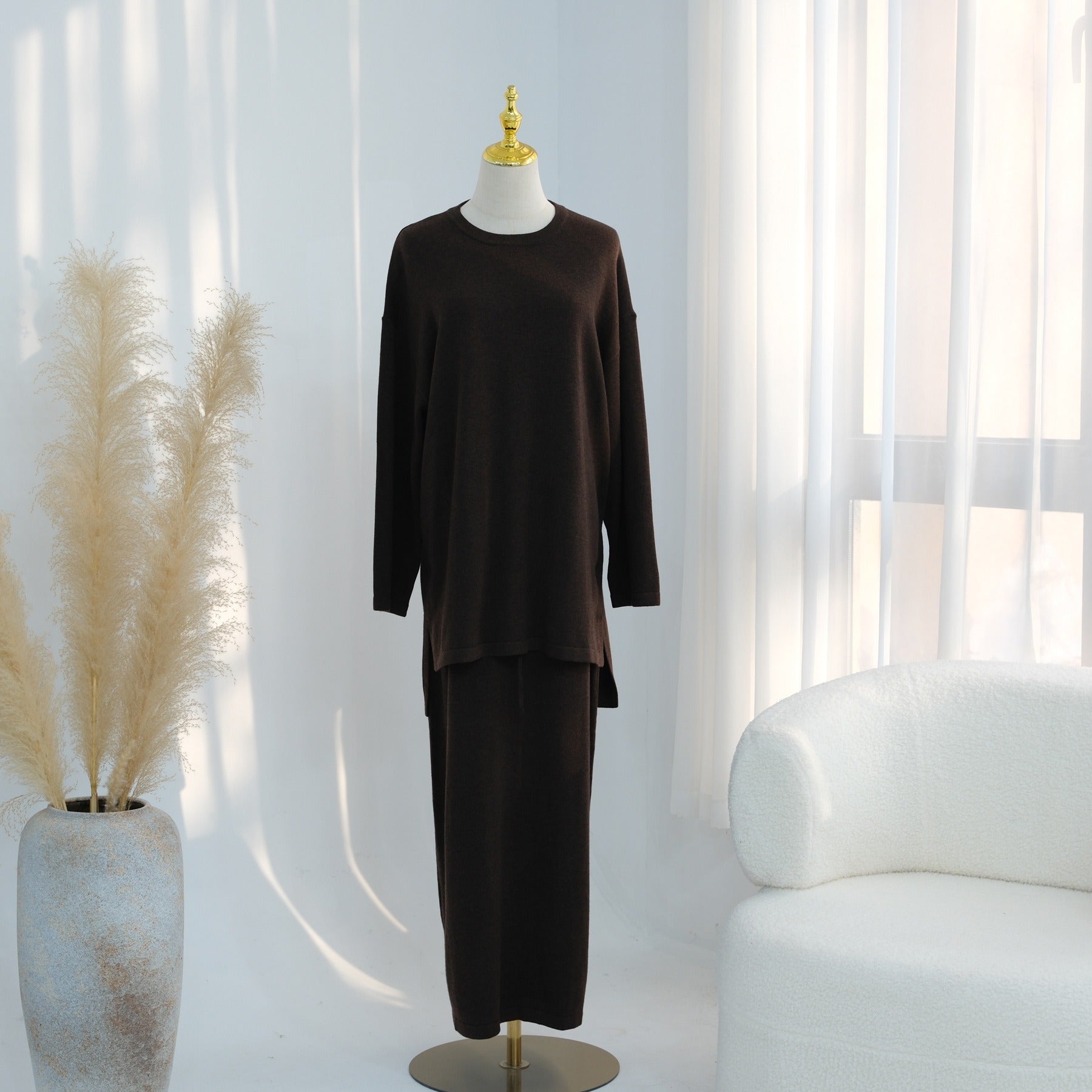 LM321 Ensemble Tricoté 3 Pièces - Jupe, Haut & Cardigan Mode Modeste