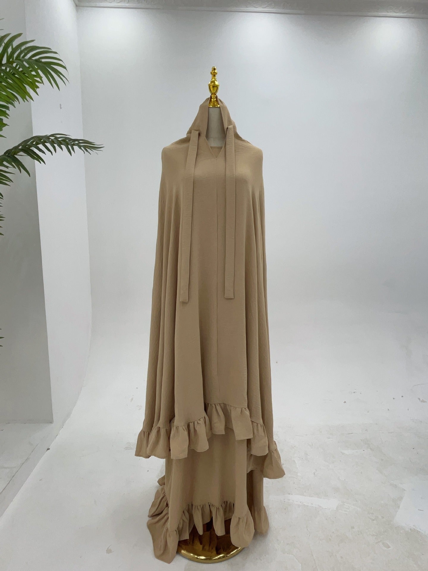 LM315 Robe de Prière Mousseline Froissée avec Grand Ensemble Hijab - Abaya Couleur Unie pour Femmes Musulmanes
