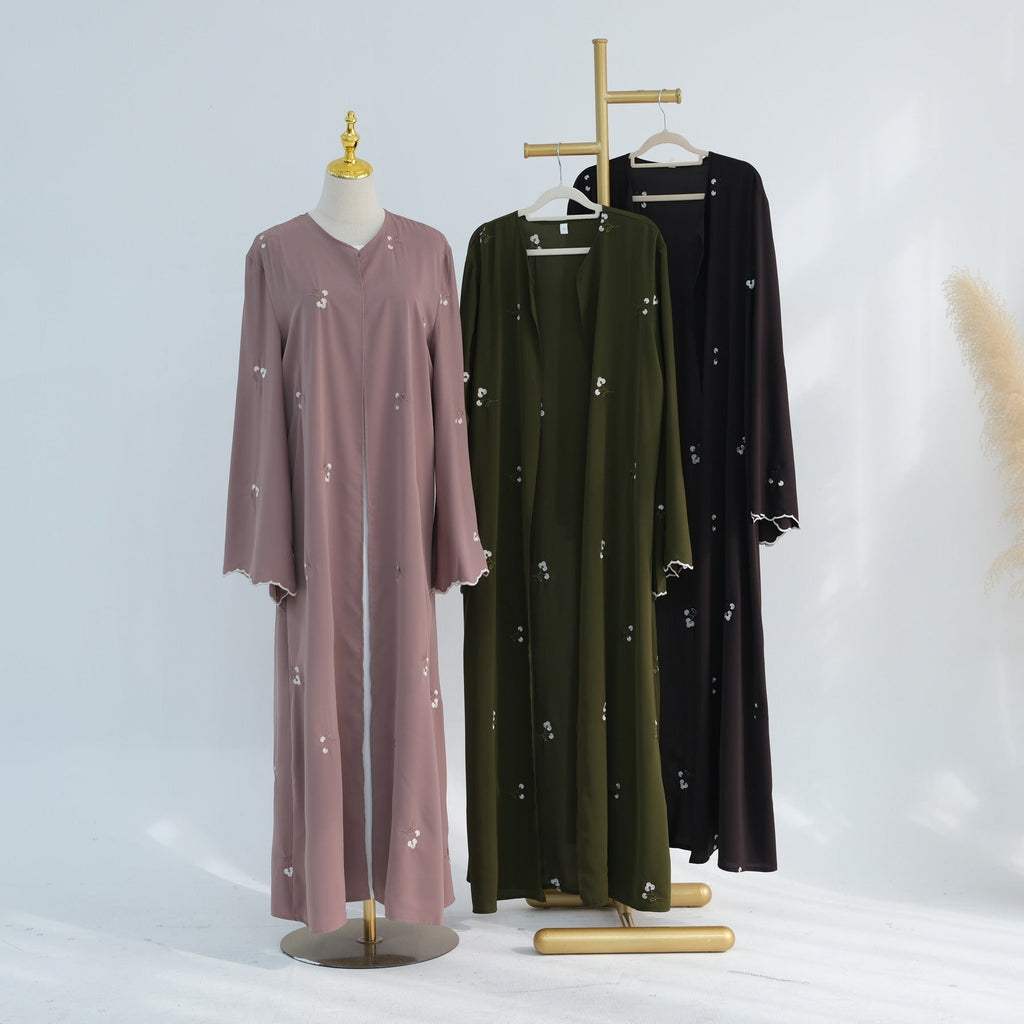 LM314 Cardigan Broderie Florale avec Ensemble Hijab - Tenue Modeste Élégante 2 Pièces pour Femmes Musulmanes