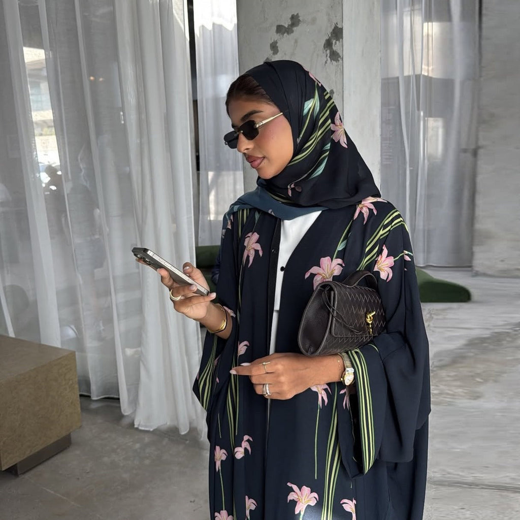 LM327 Cardigan Abaya Imprimé avec Hijab - Mode Modeste Femmes Musulmanes
