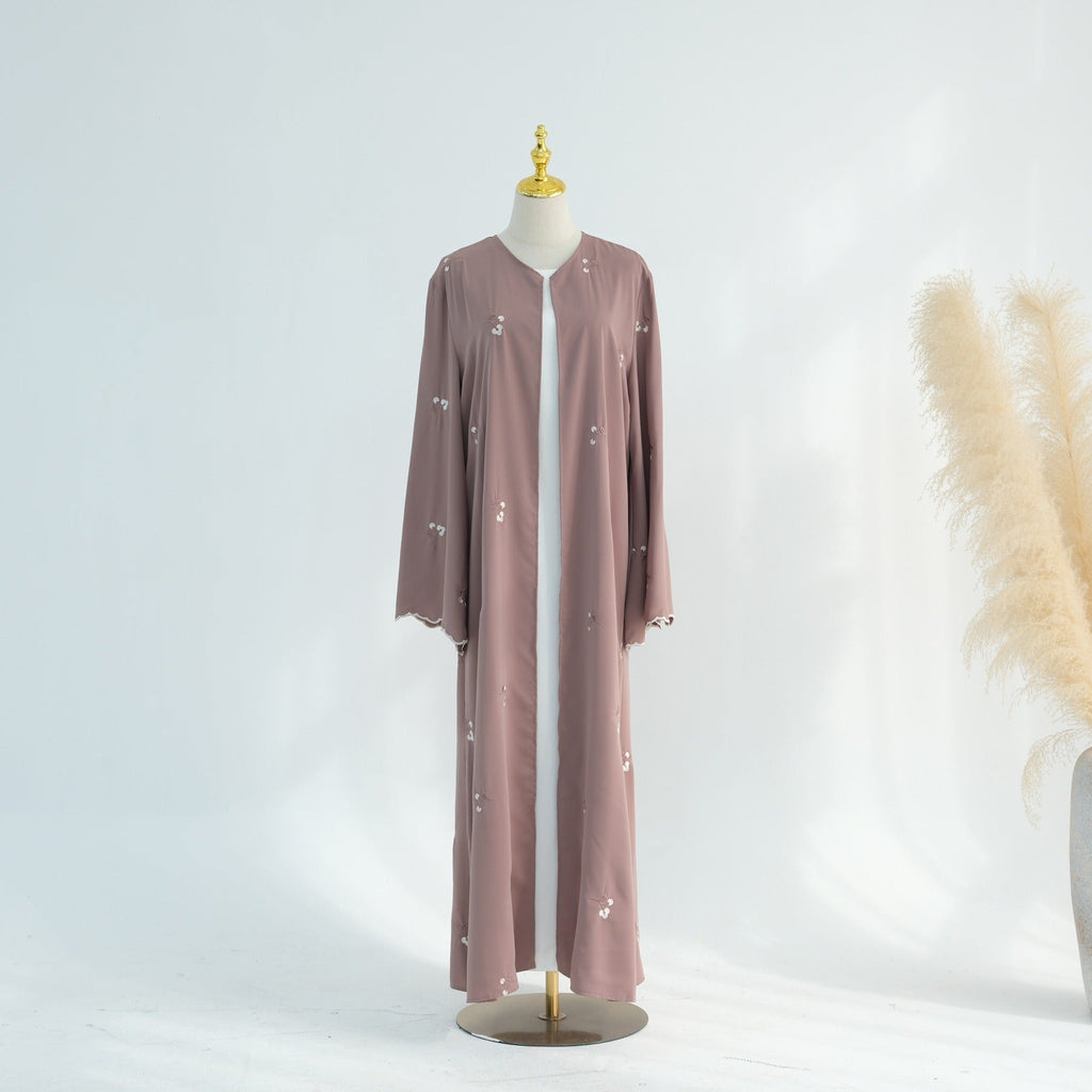 LM314 Cardigan Broderie Florale avec Ensemble Hijab - Tenue Modeste Élégante 2 Pièces pour Femmes Musulmanes