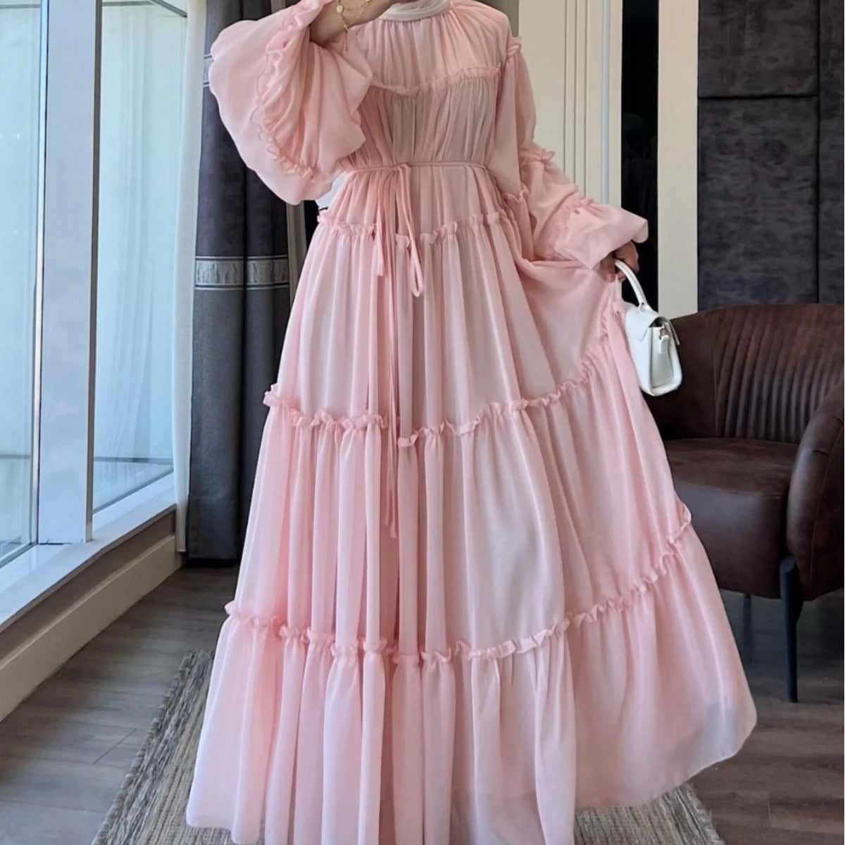 LM318 Robe Abaya Étagée Luxueuse - Mode Modeste Manches Longues