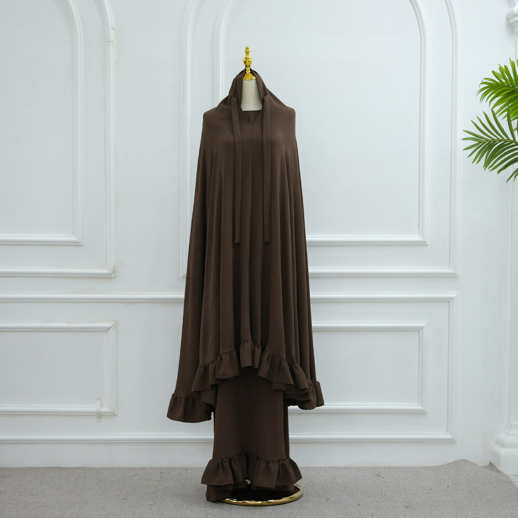 LM315 Robe de Prière Mousseline Froissée avec Grand Ensemble Hijab - Abaya Couleur Unie pour Femmes Musulmanes
