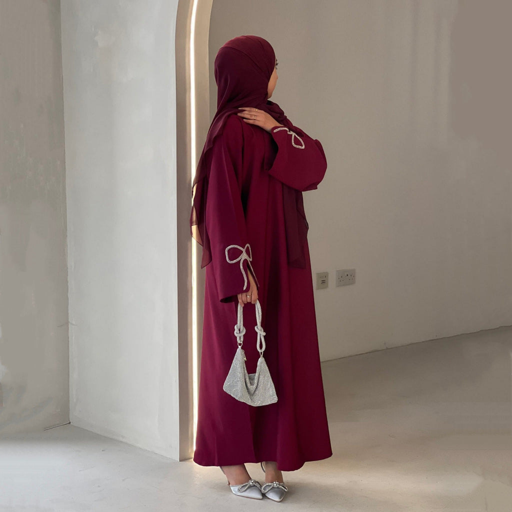 LM311 Robe Abaya Luxueuse Manches Nœud Strass - Élégante Robe Maxi Perlée pour Femmes Musulmanes