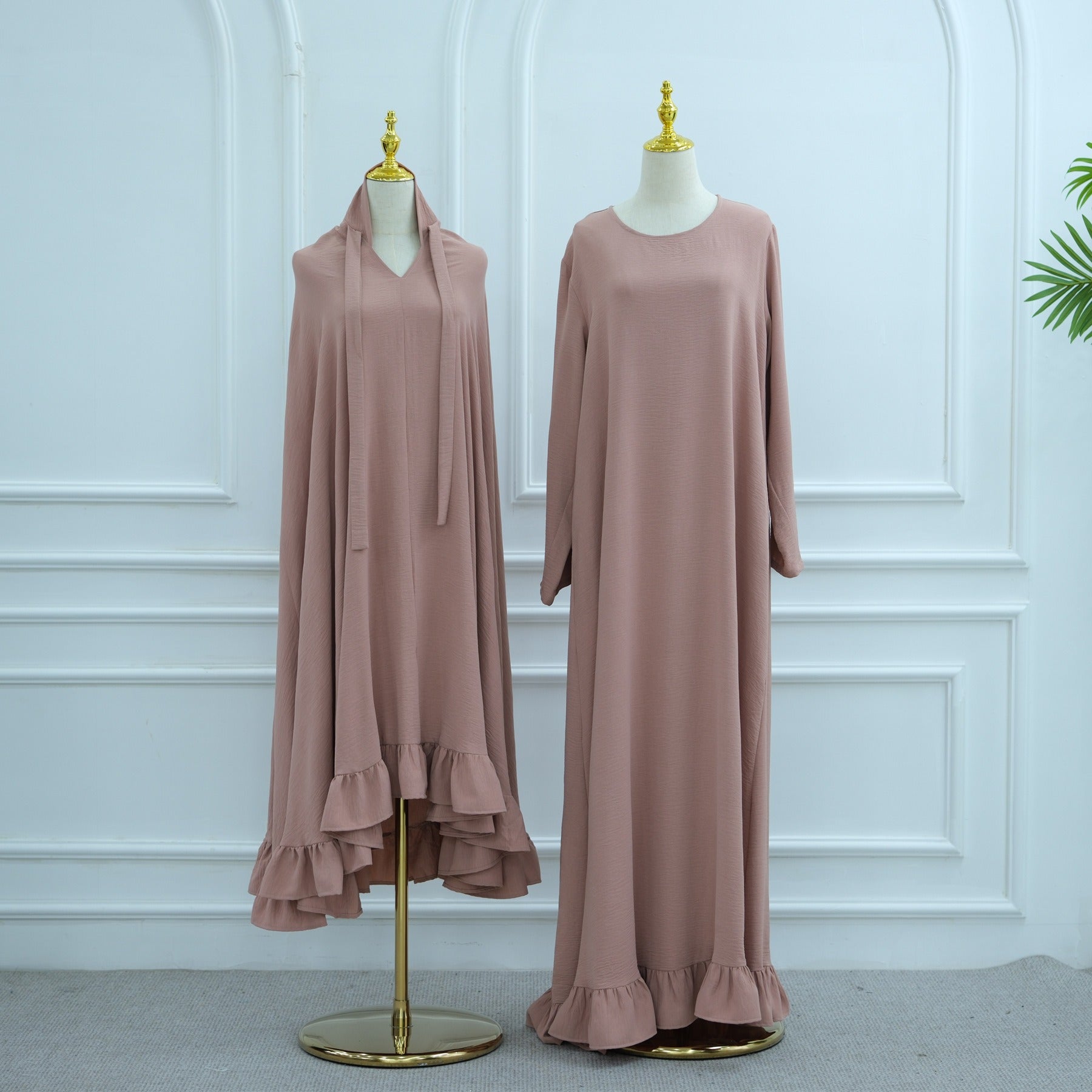 LM315 Robe de Prière Mousseline Froissée avec Grand Ensemble Hijab - Abaya Couleur Unie pour Femmes Musulmanes
