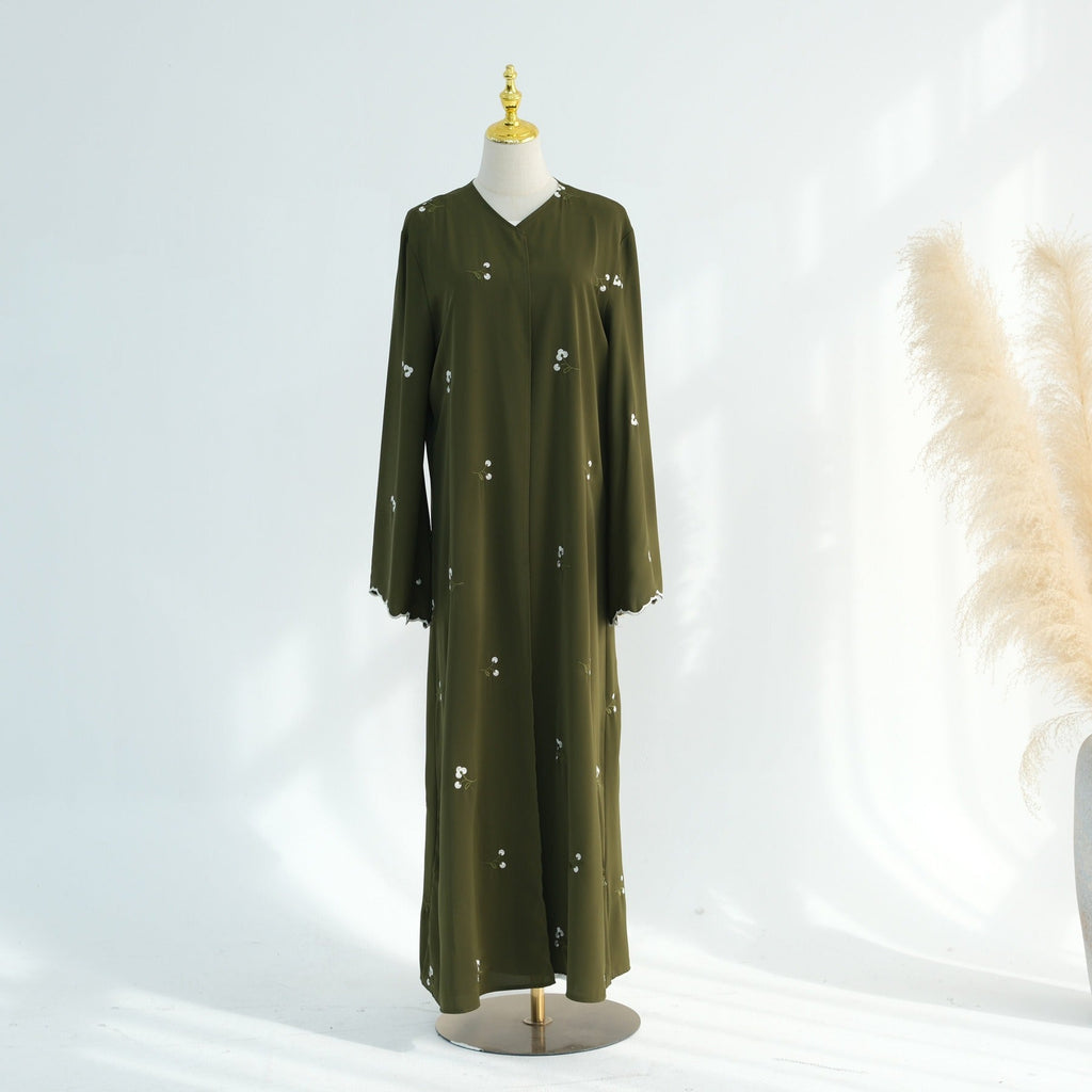 LM314 Cardigan Broderie Florale avec Ensemble Hijab - Tenue Modeste Élégante 2 Pièces pour Femmes Musulmanes