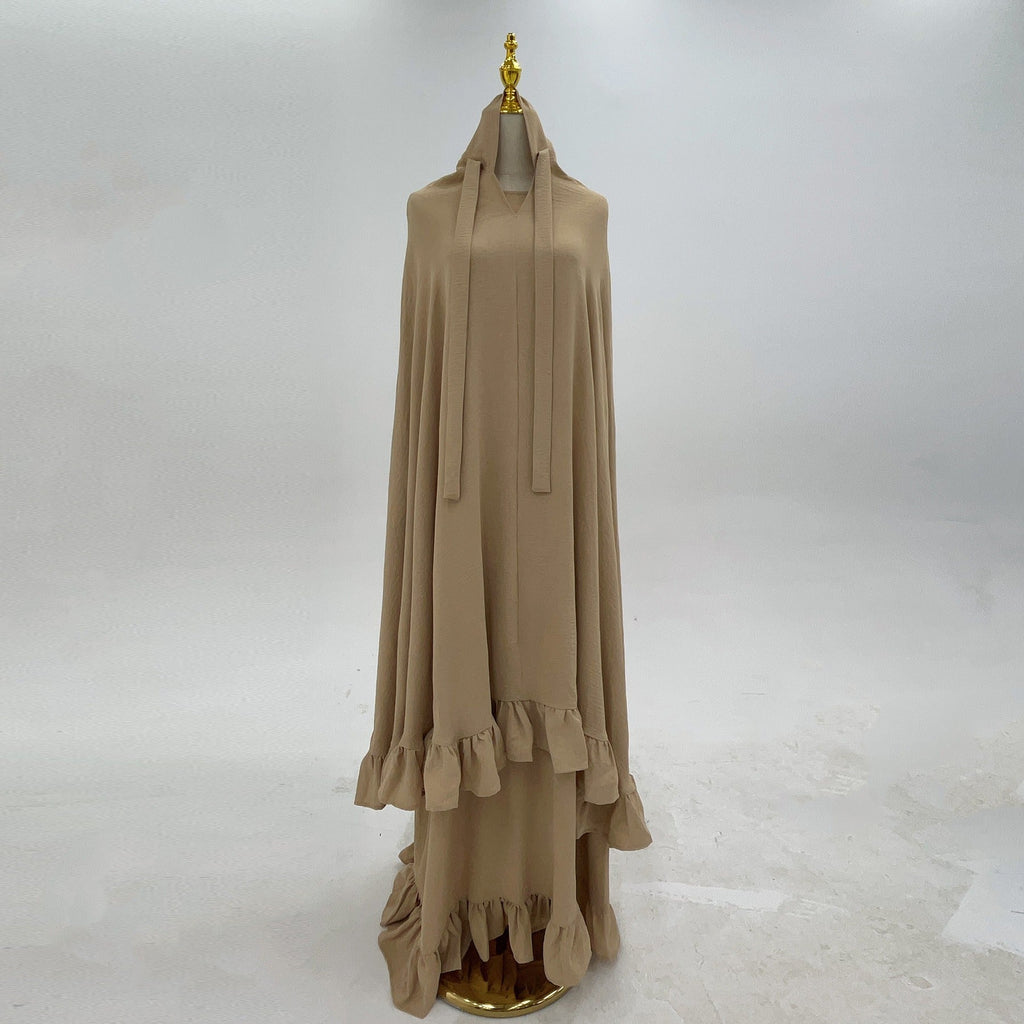 LM315 Robe de Prière Mousseline Froissée avec Grand Ensemble Hijab - Abaya Couleur Unie pour Femmes Musulmanes