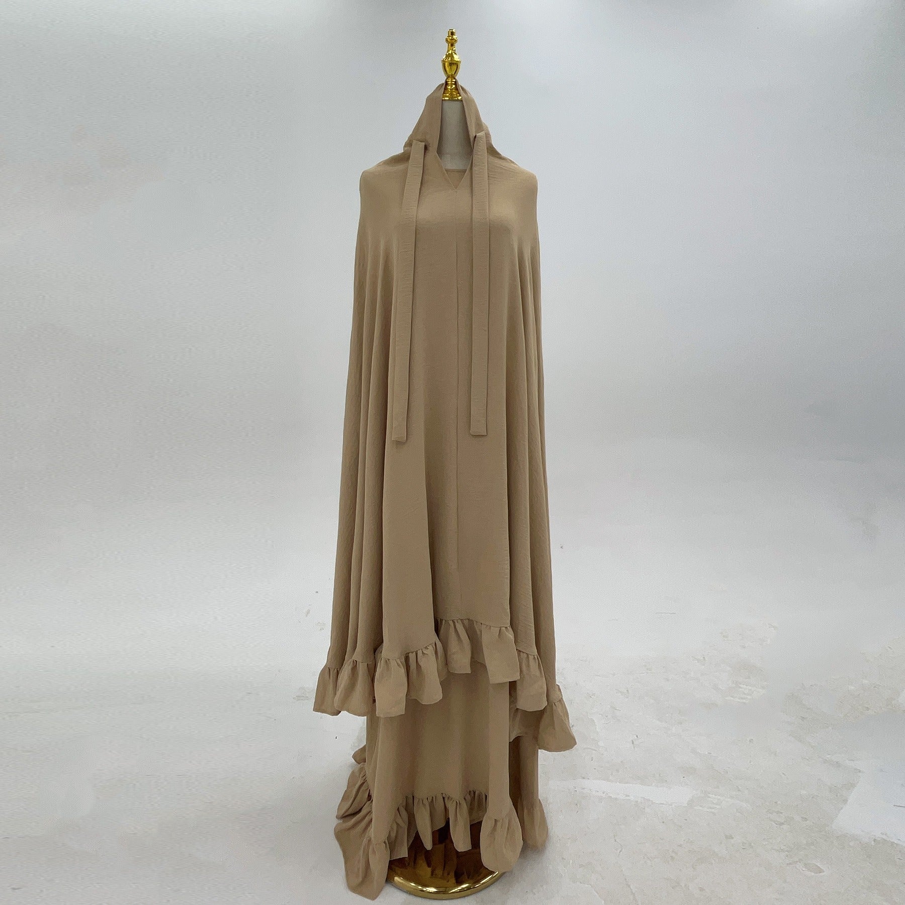 LM315 Robe de Prière Mousseline Froissée avec Grand Ensemble Hijab - Abaya Couleur Unie pour Femmes Musulmanes