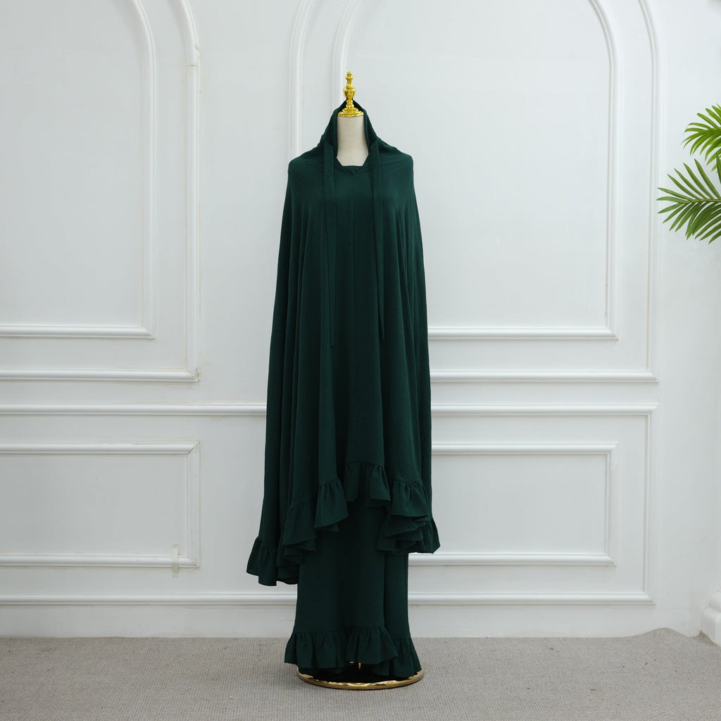 LM315 Robe de Prière Mousseline Froissée avec Grand Ensemble Hijab - Abaya Couleur Unie pour Femmes Musulmanes