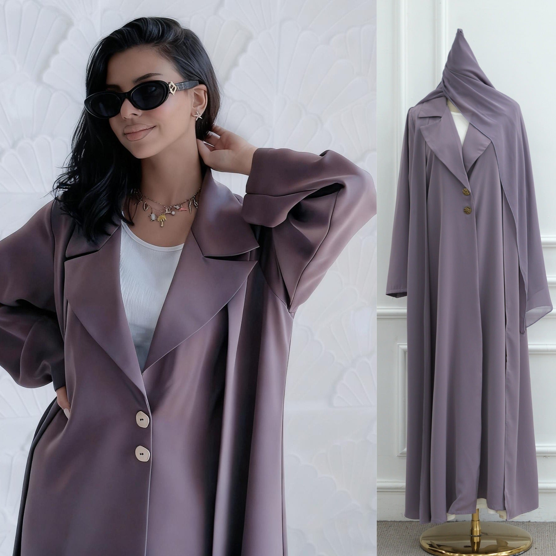 LM313 Cardigan Col Blazer Élégant avec Ensemble Hijab - Tenue Modeste 2 Pièces pour Femmes Musulmanes