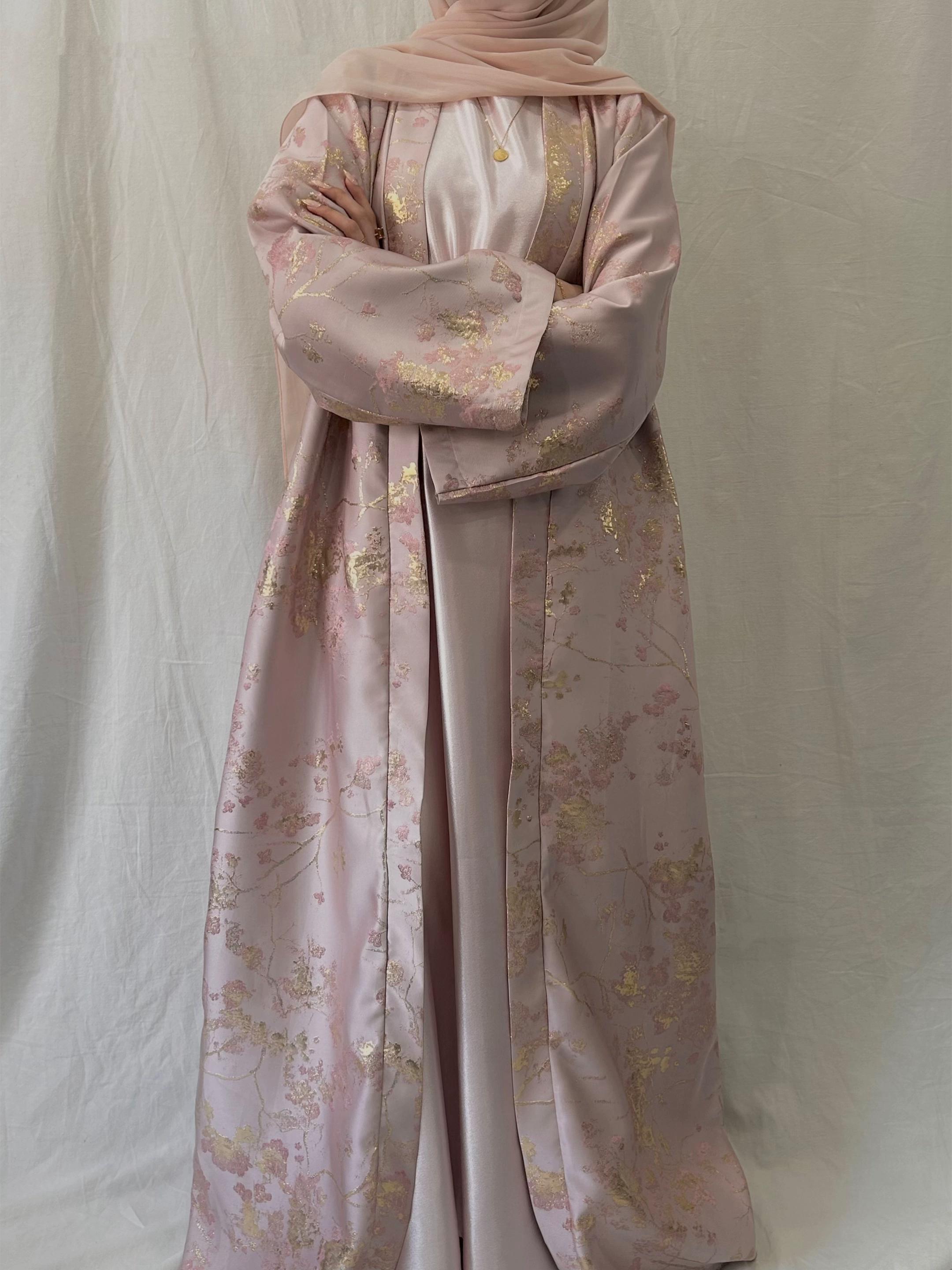 MH98 Abaya Kimono Rose Sakura – Abaya de l'Aïd Brodée avec Détails Dorés (Expédition immédiate)