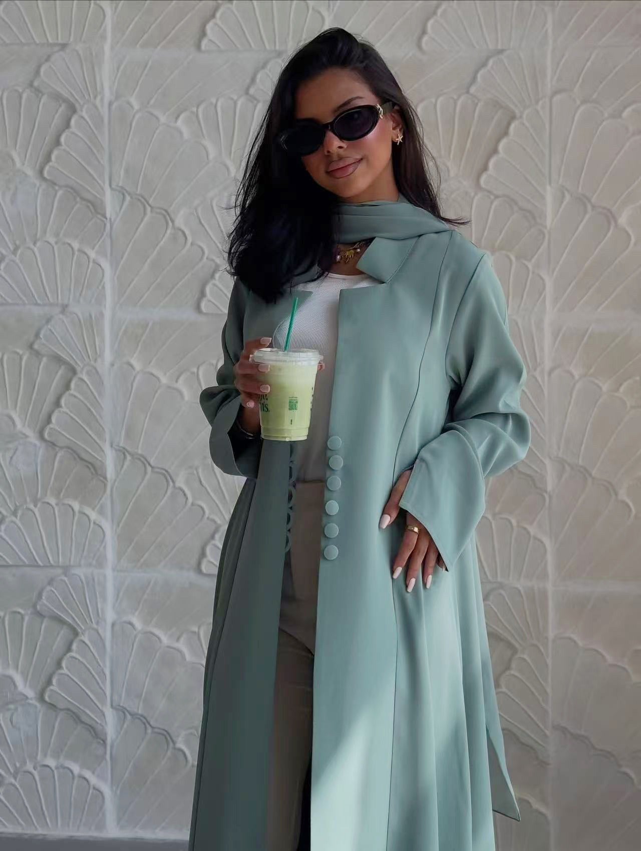 LM312 Cardigan Col Blazer Modeste avec Ensemble Hijab - Abaya 2 Pièces Boutonnée Devant pour Femmes Musulmanes