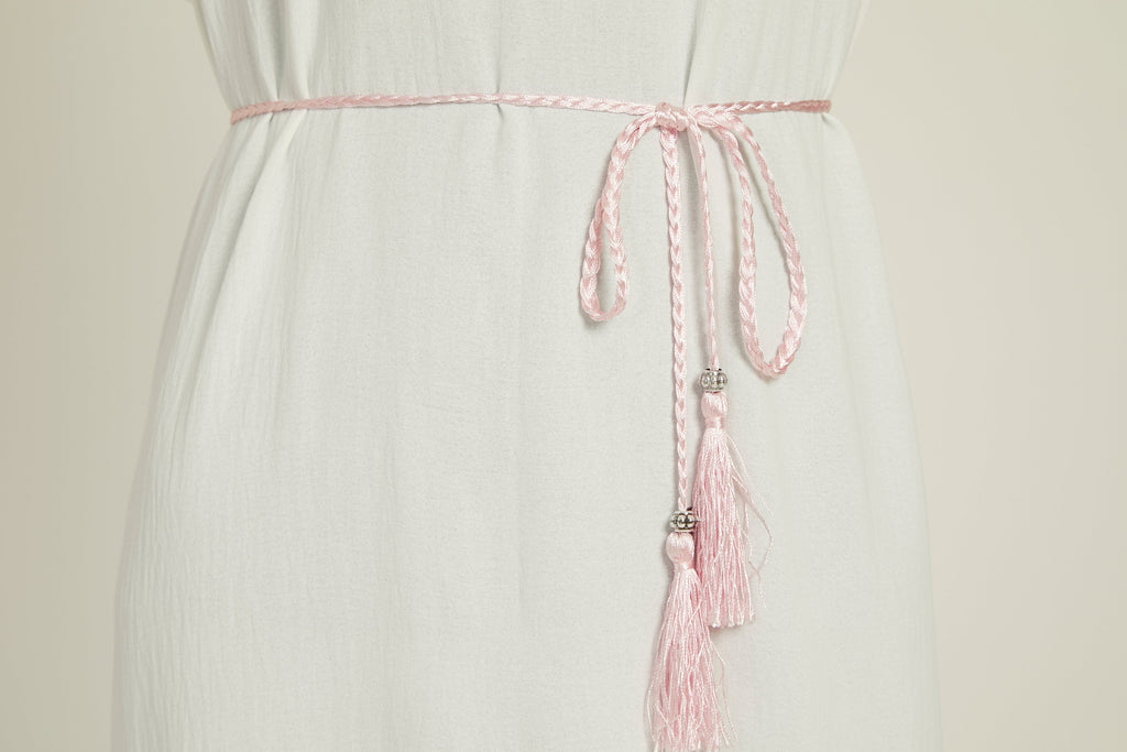 Ceinture Rose Pâle Fine à Cordon Tressé et Pompon