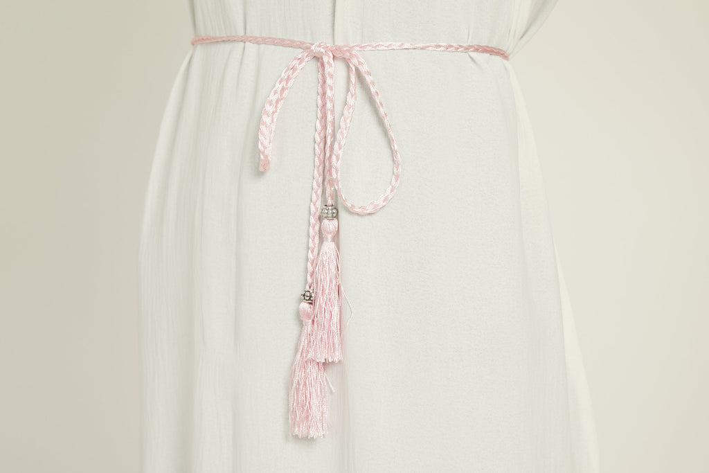 Ceinture Rose Pâle Fine à Cordon Tressé et Pompon