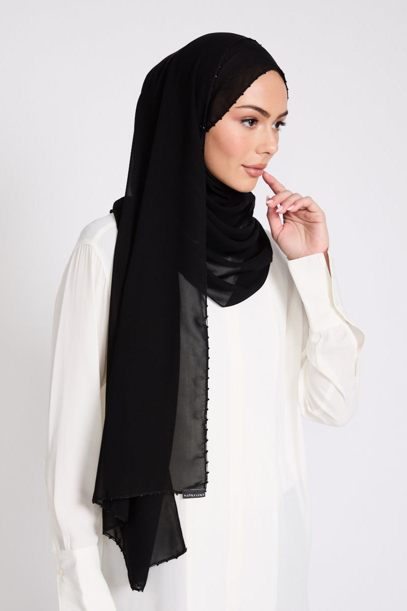Hijab Georgette Luxe avec Détails Délicats - Noir