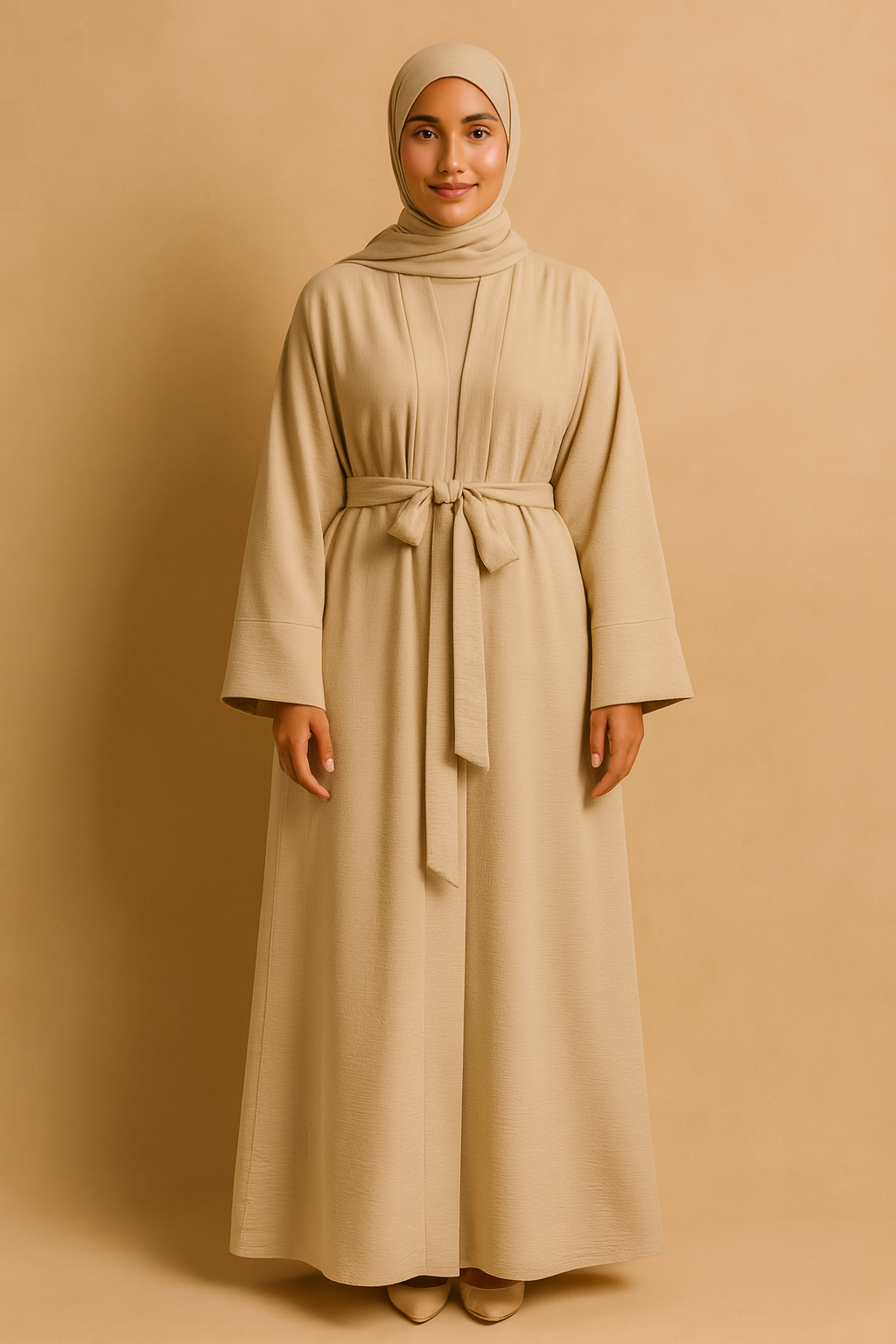 LM048 Ensemble Abaya Crêpe Jazz 4 Pièces Hijab, Fond de Robe, Ceinture | Tenue Estivale Légère et Modeste