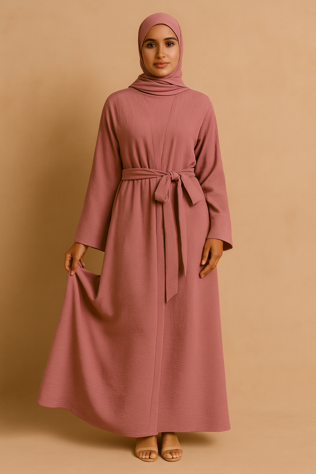 LM048 Ensemble Abaya Crêpe Jazz 4 Pièces Hijab, Fond de Robe, Ceinture | Tenue Estivale Légère et Modeste