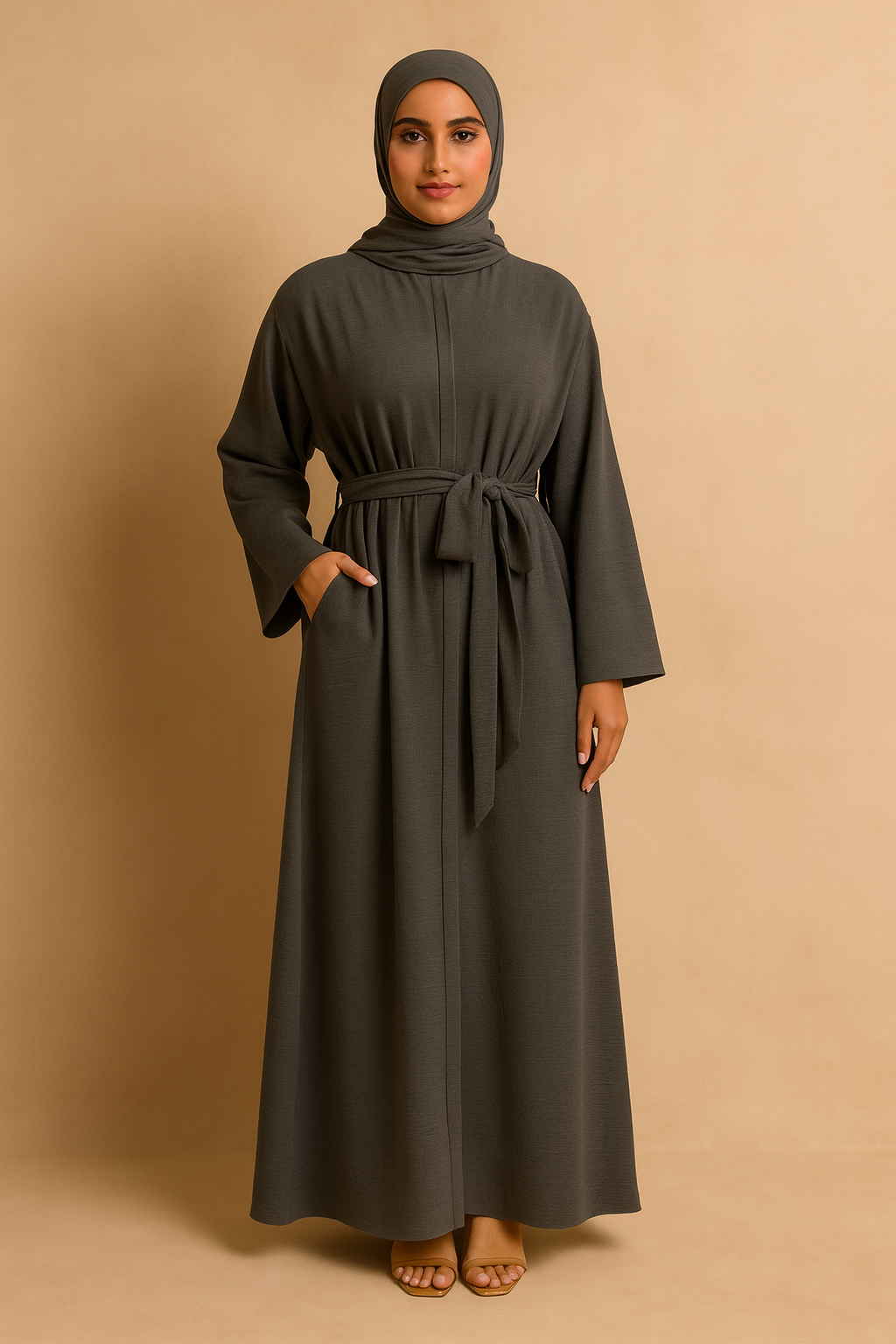 LM048 Ensemble Abaya Crêpe Jazz 4 Pièces Hijab, Fond de Robe, Ceinture | Tenue Estivale Légère et Modeste