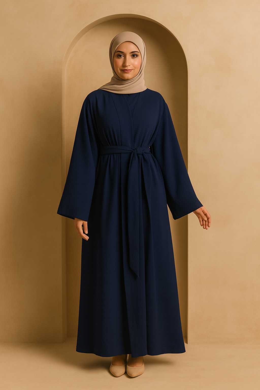 LM048 Ensemble Abaya Crêpe Jazz 4 Pièces Hijab, Fond de Robe, Ceinture | Tenue Estivale Légère et Modeste