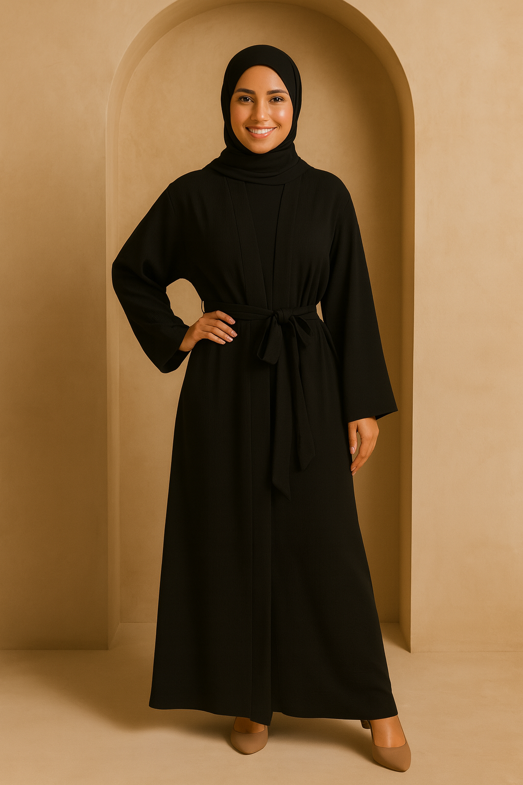 LM048 Ensemble Abaya Crêpe Jazz 4 Pièces Hijab, Fond de Robe, Ceinture | Tenue Estivale Légère et Modeste