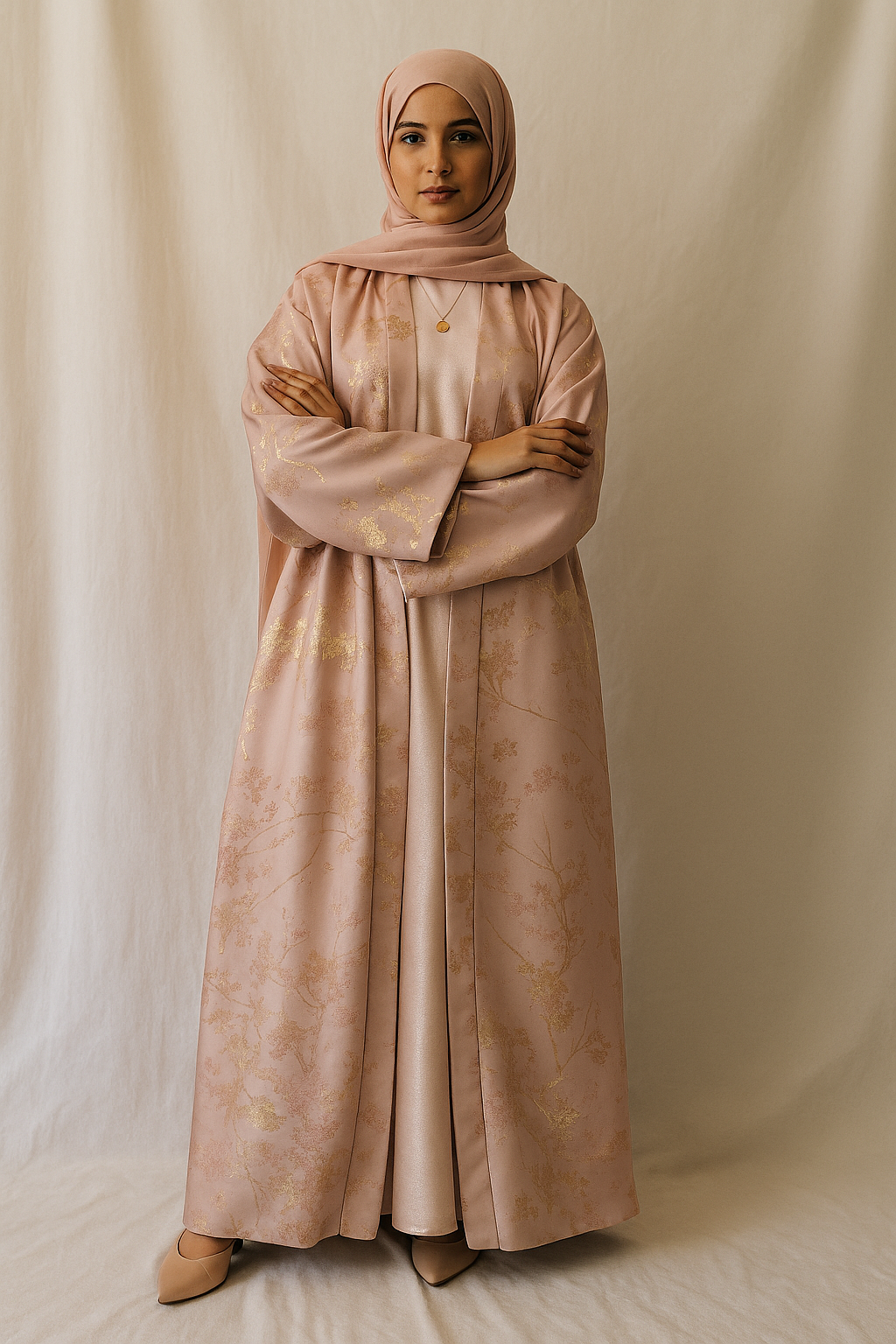 MH98 Abaya Kimono Rose Sakura – Abaya de l'Aïd Brodée avec Détails Dorés (Expédition immédiate)