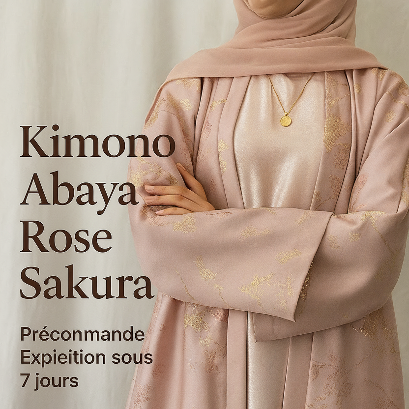MH98 Abaya Kimono Rose Sakura – Abaya de l'Aïd Brodée avec Détails Dorés (Expédition immédiate)