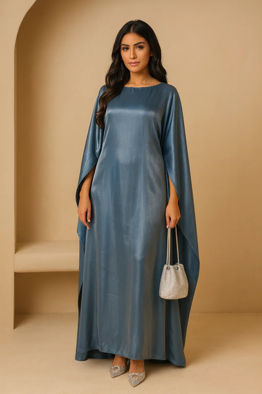 LM079 Kaftan Abaya Grande Taille – Robe Brillante Manches Chauve-Souris Aïd & Iftar avec Ceinture