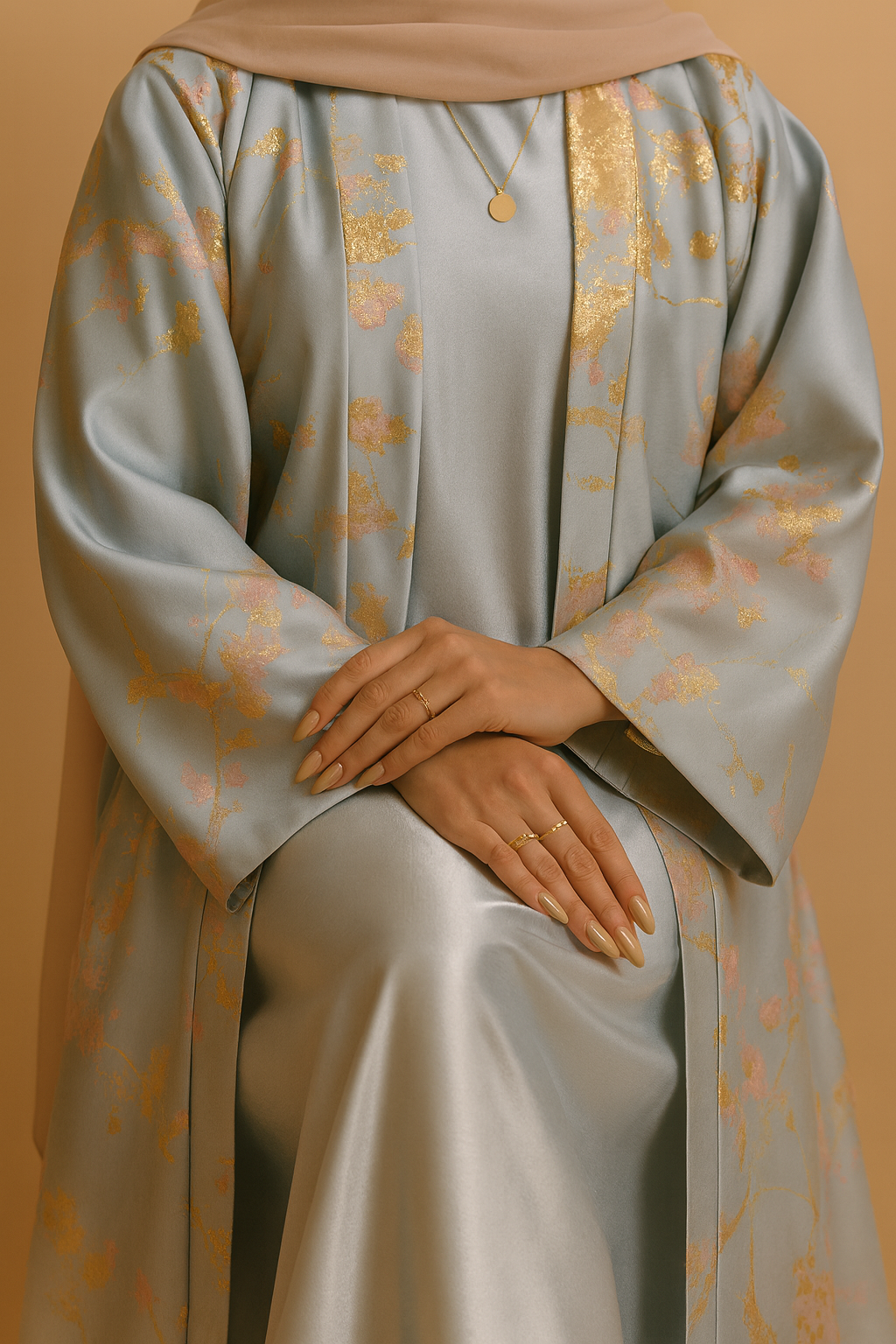 MH98 Abaya Kimono Rose Sakura – Abaya de l'Aïd Brodée avec Détails Dorés (Expédition immédiate)