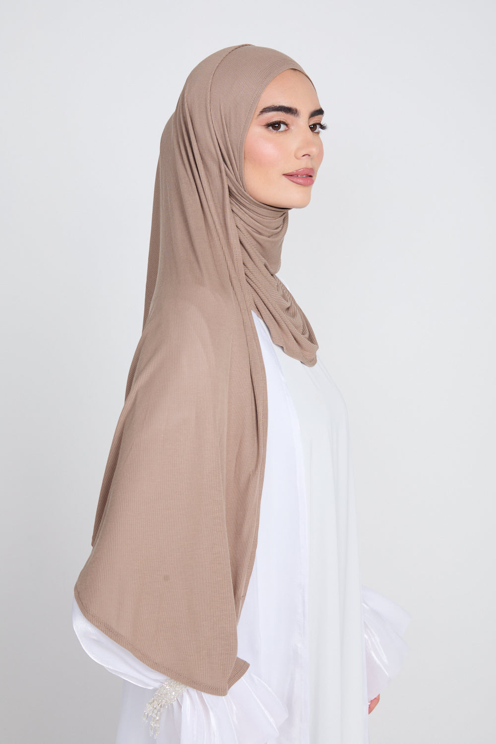 Hijab Jersey Nervuré Bambou Instantané Premium - Taupe Poudré