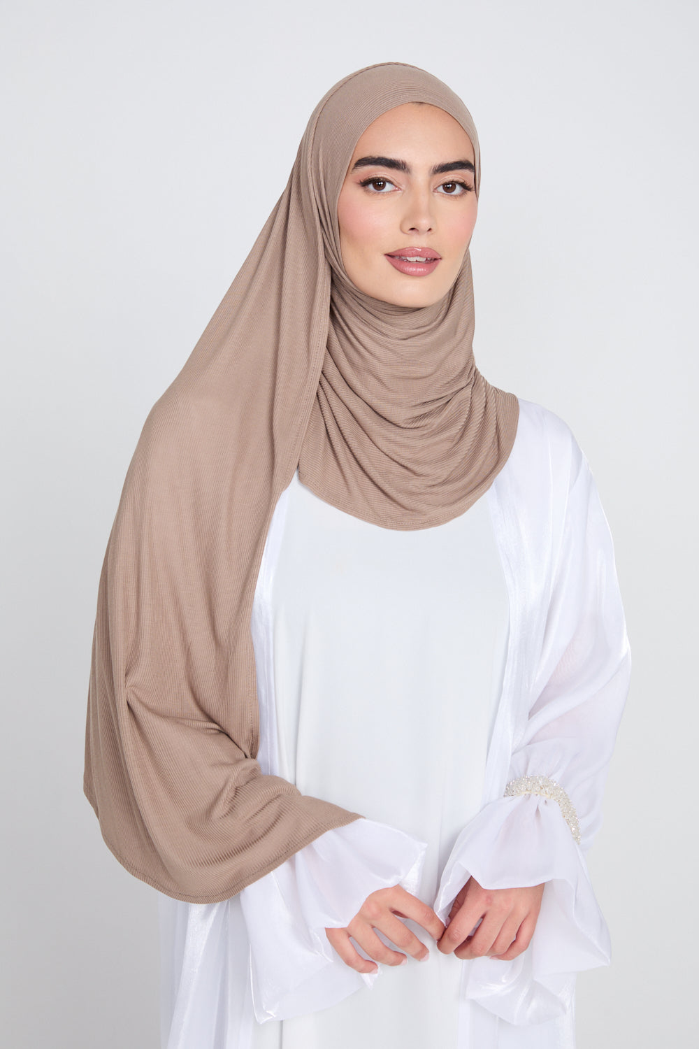 Hijab Jersey Nervuré Bambou Instantané Premium - Taupe Poudré