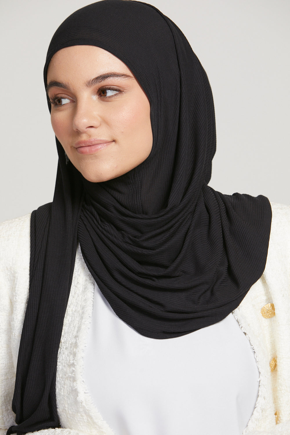 Hijab Jersey Nervuré Bambou Instantané Premium - Noir