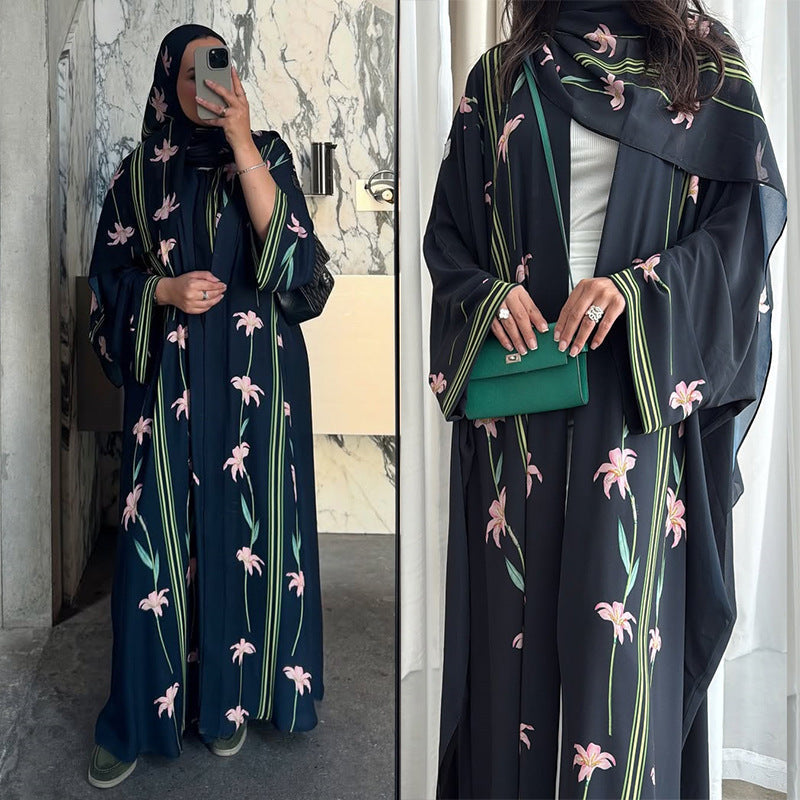 LM327 Cardigan Abaya Imprimé avec Hijab - Mode Modeste Femmes Musulmanes